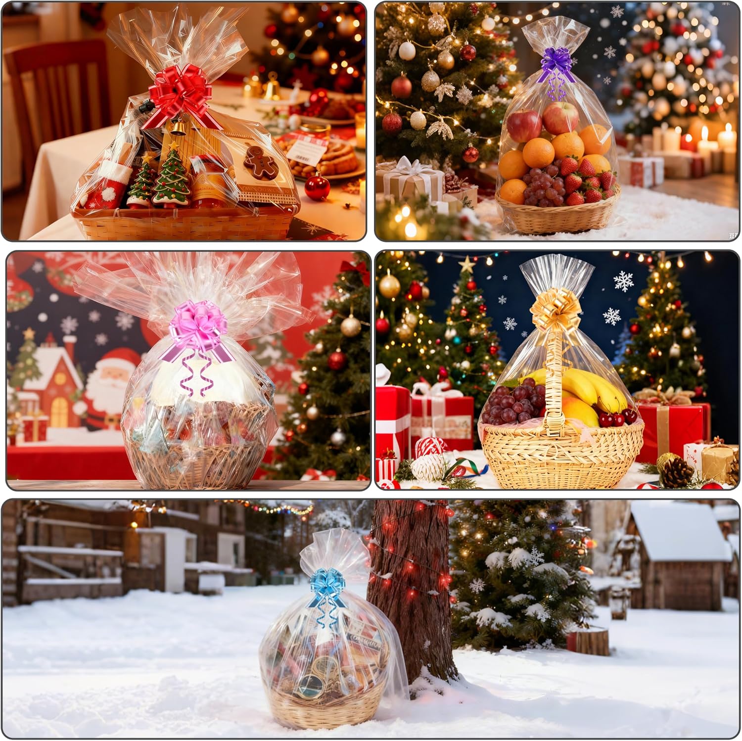 Thumbnail 5 de 5 Extra Large Cellophane Wrap for Hampers (100cm × 70cm) with 5 Pull Bows – Clear Gift Bags for Hampers