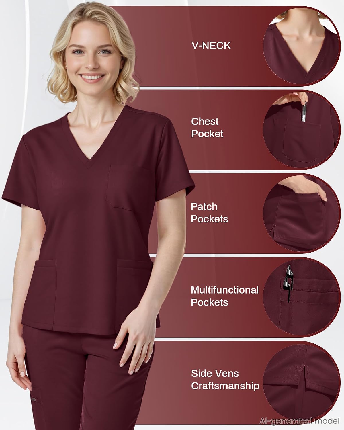 Detalle de Eipnare Women's V-Neck Jogger Scrub Set, 9 Pockets, Stretch Fabric