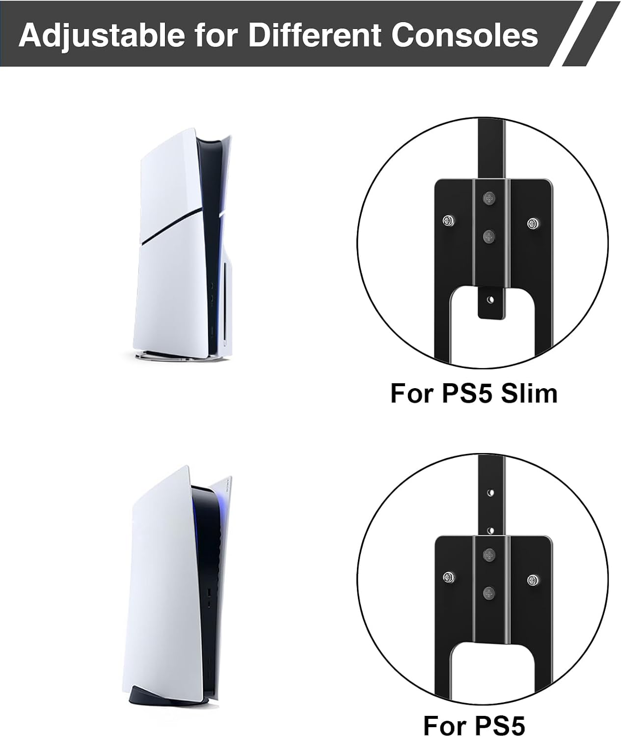 Detalle de Upgraded Adjustable Console Holder Wall Mount for PS5 (Black) – PS5 Slim/Pro & Digital Disc Editions
