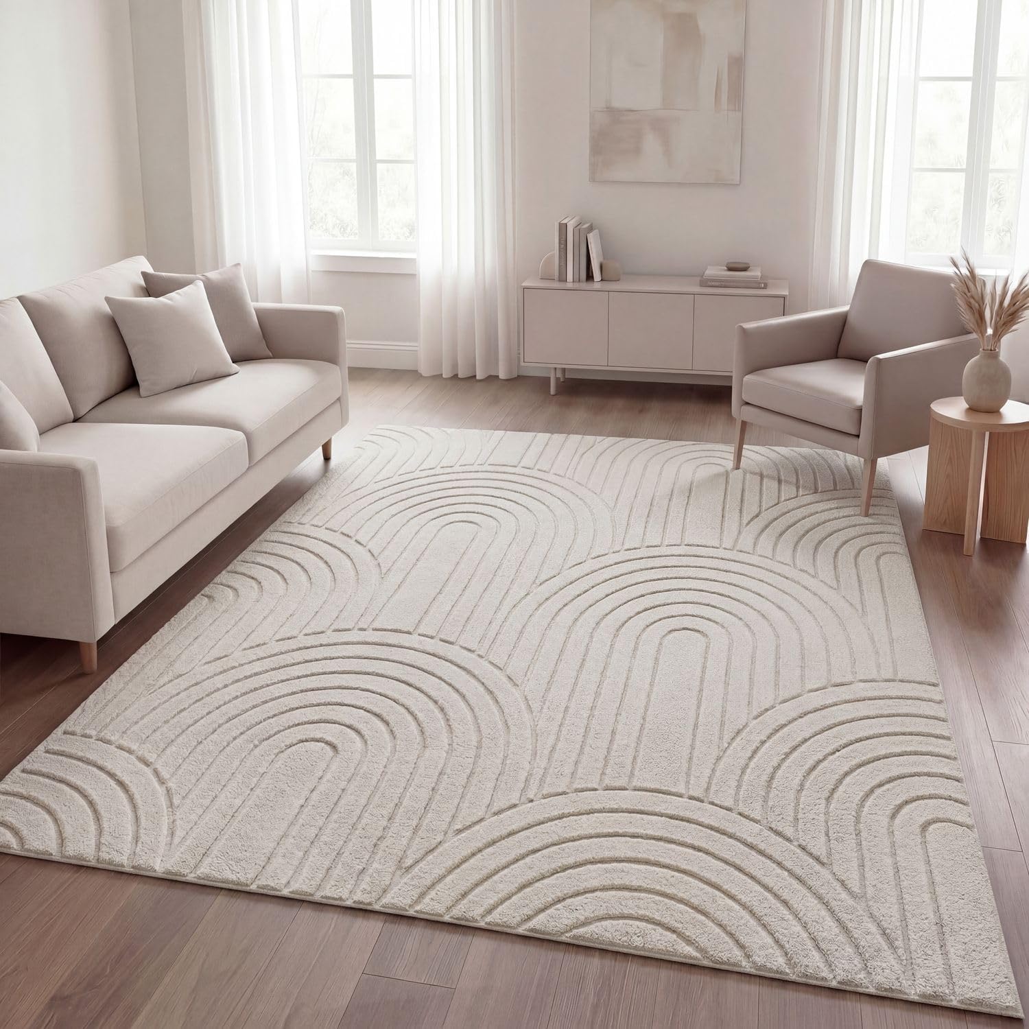 Detalle de TT Home Hochflor-Teppich 160x220 cm, Hellbeige/Hellcreme – Skandinavischer Boho-Style