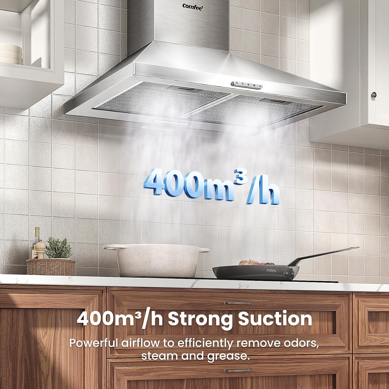Detalle de COMFEE' 60cm Chimney Cooker Hood (A++), 400 m³/h, Dual Extraction Modes