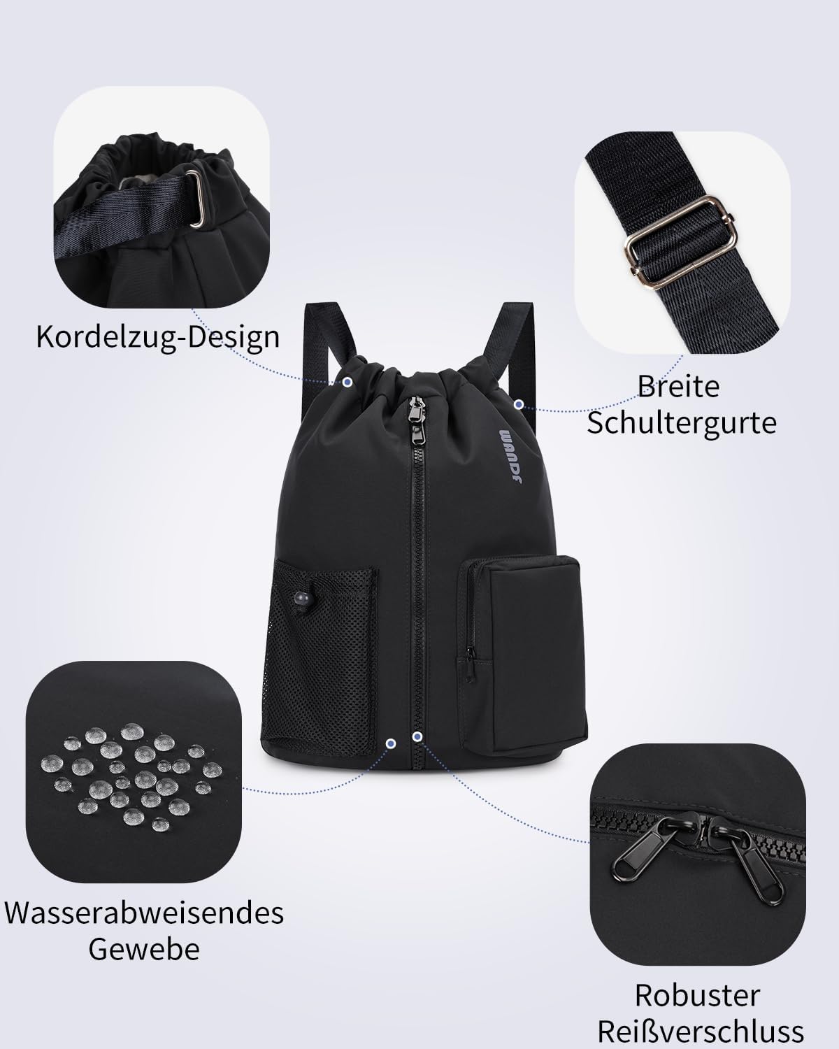 Thumbnail 6 de WANDF Turnbeutel mit Schuhfach und Nassschutz – Sportbeutel mit Kordelzug, 24 Liter (Schwarz)