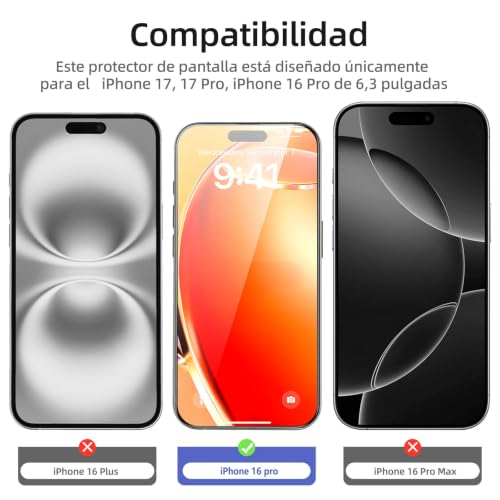 Detalle 2 de NEW'C Protector Pantalla para iPhone 17/17 Pro y 16 Pro | Vidrio templado 9H con instalación automática