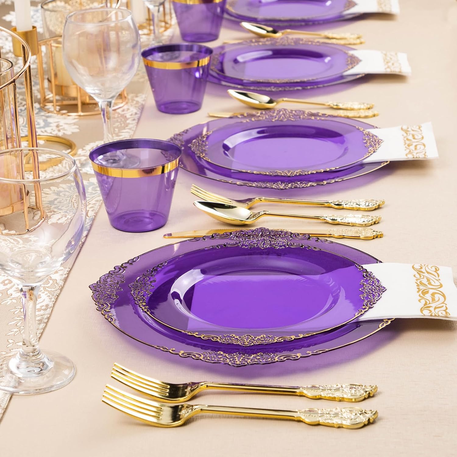 Thumbnail 6 de Bestluck 350PCS Clear Purple Plastic Plates Set for 50 Guests with Gold Trim