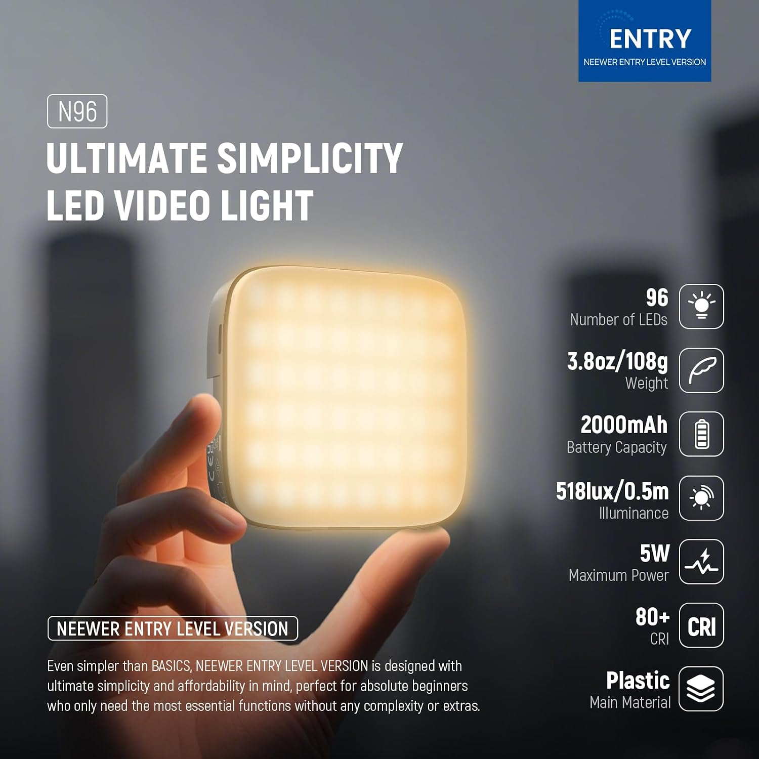 Detalle 2 de NEEWER Entry Level Version N96 Magnetic LED Camera Light (96 LEDs, 3000K–9000K, CRI80+, clip-on)