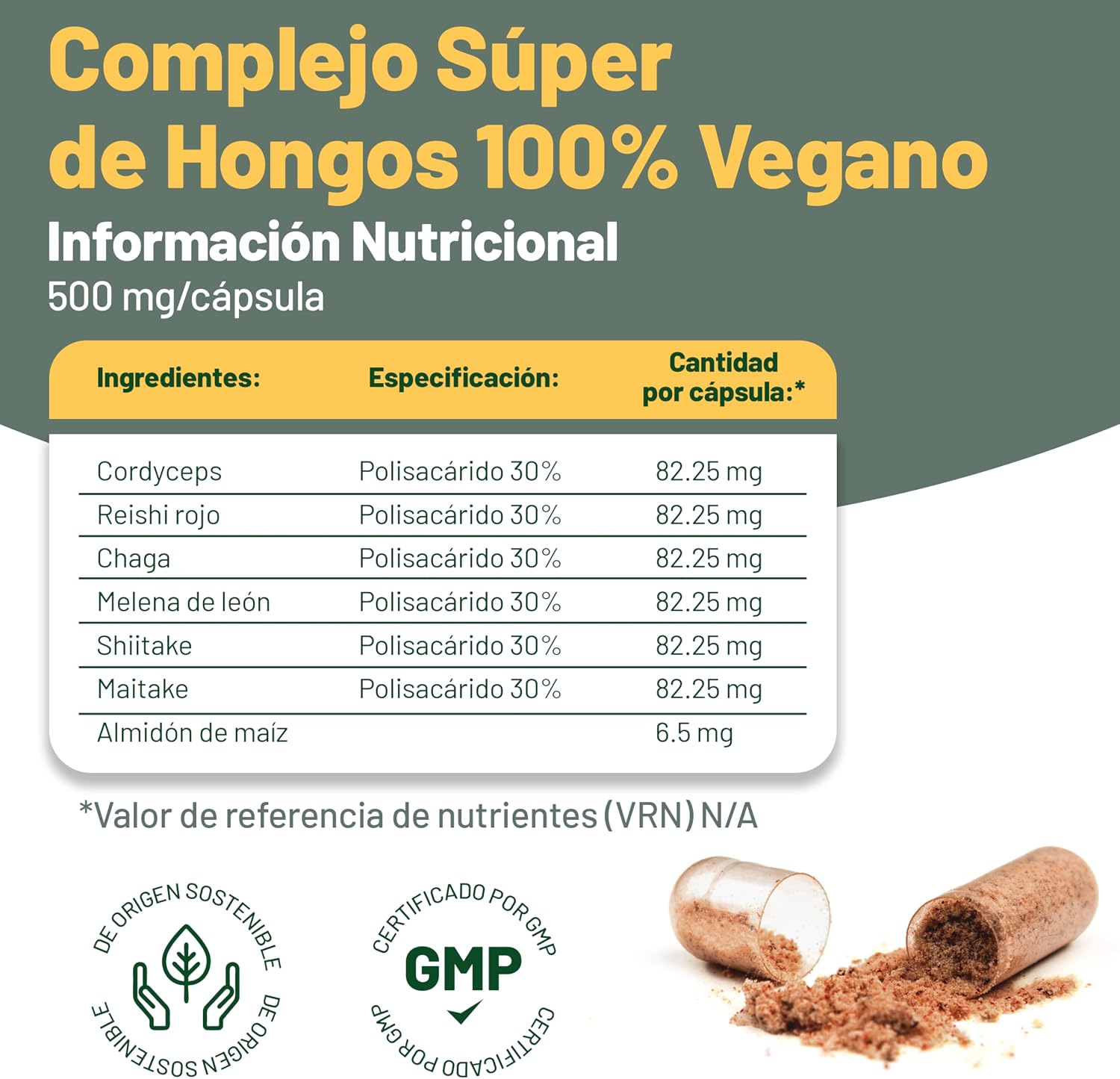 Detalle 2 de Suplemento 6 Hongos 500mg 120 cápsulas