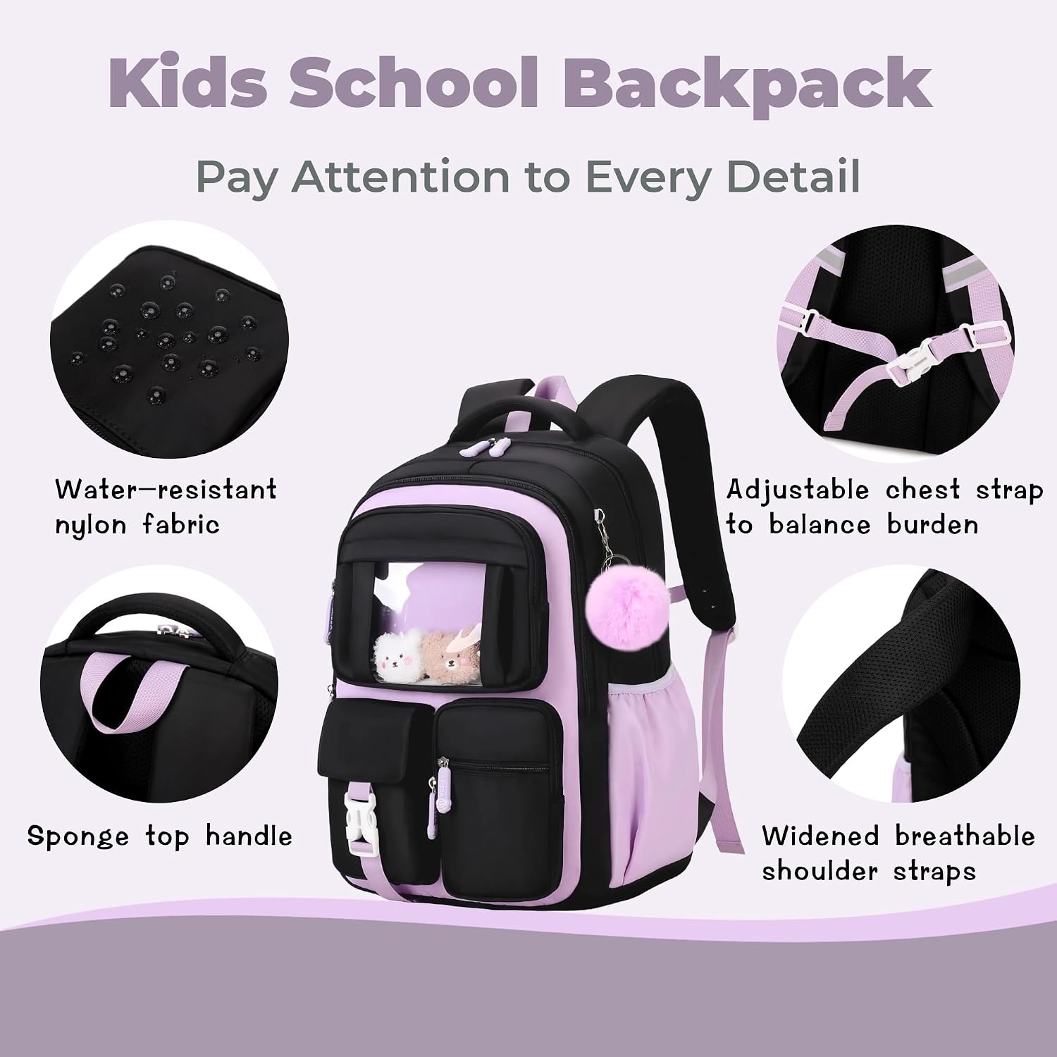 Detalle de Bansusu Kawaii Girls Backpack for Kids – 26L School Daypack (B552-Black+Pink)
