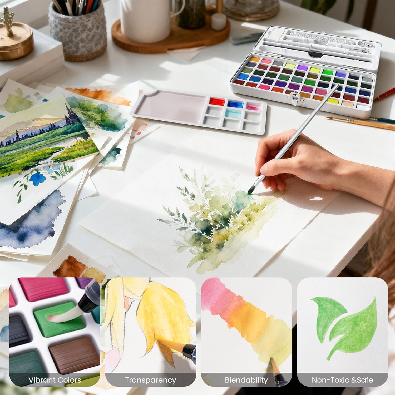 Thumbnail 4 de JusArt Aquarellfarben-Set mit 50 Farben – tragbares Komplett-Set inklusive Metallic- und Fluoreszenzfarben