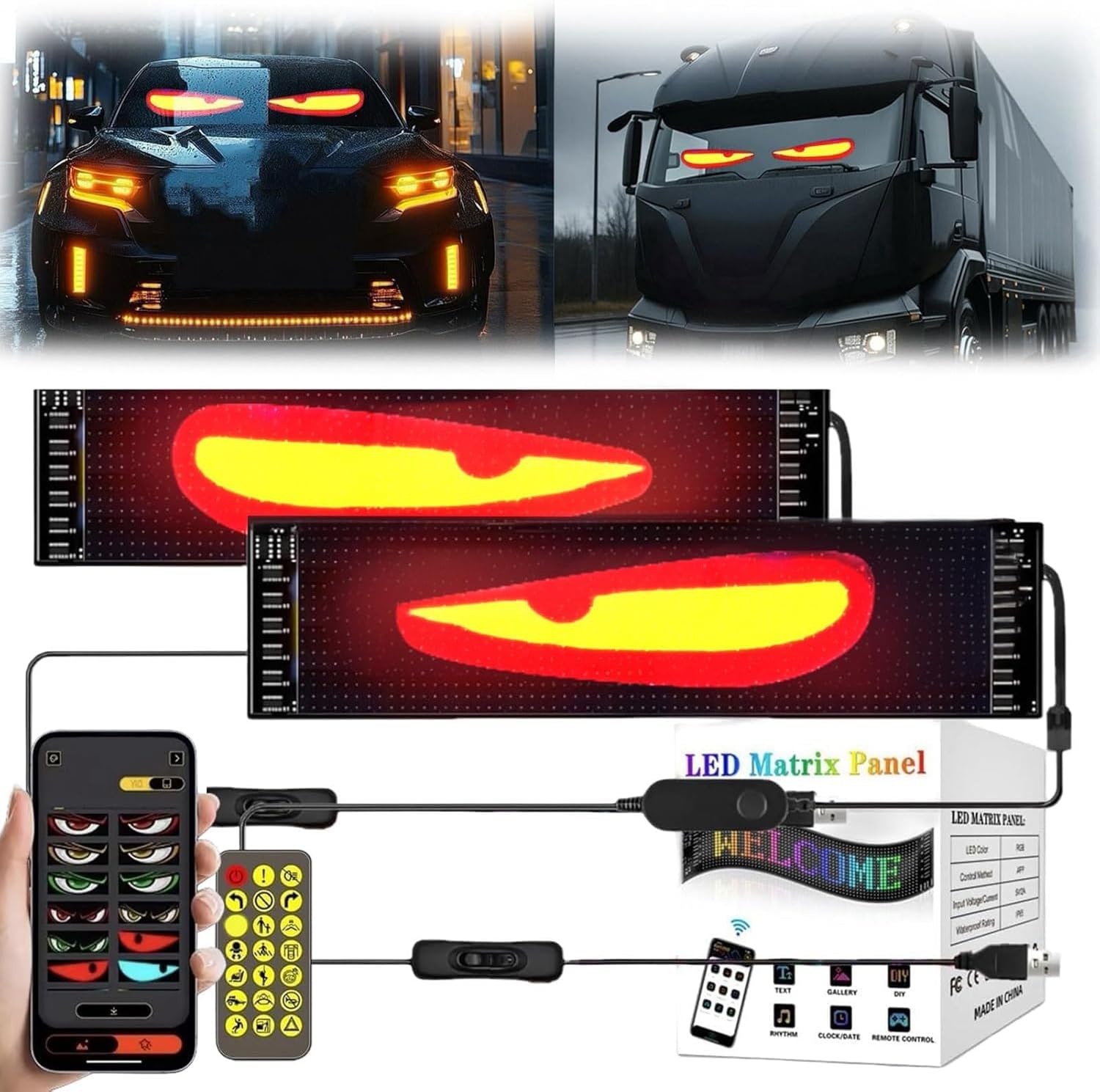 Detalle de GOZYLA LED Augen Auto LKW Teufelsaugen Frontscheibe/Heckscheibe – wasserdichtes Smart-LED-Matrix-Panel mit USB, 2er-Set (10,2 × 34,8 cm)