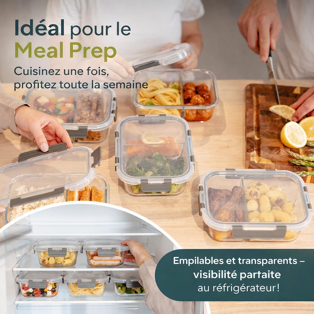 Detalle de Uandu Lot de 10 Boîtes Alimentaires en Verre Borosilicate – 370 ml et 1040 ml, hermétiques et sans BPA