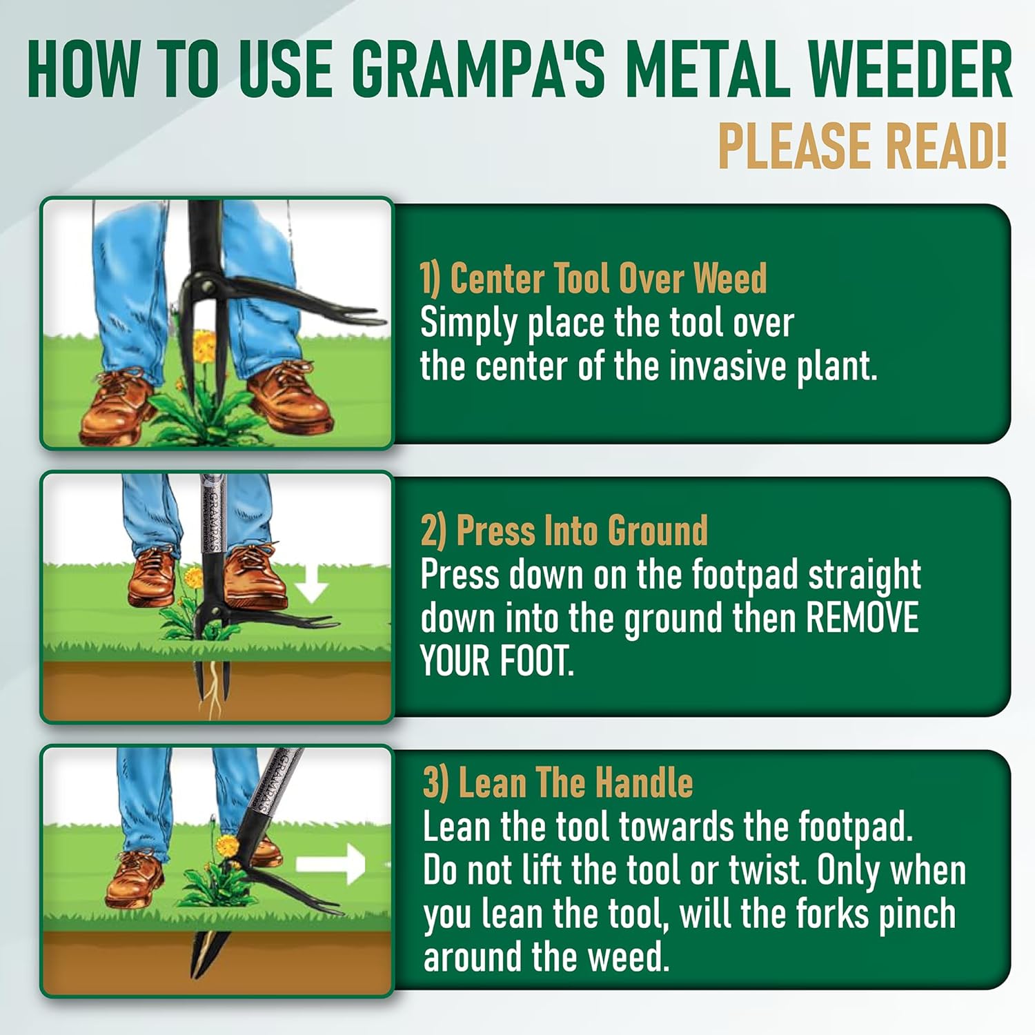 Detalle de Grampa's Weeder Grampa's Metal Weeder Stand-Up Weed Puller Tool (All-Steel, 45-inch handle, 4-claw head)