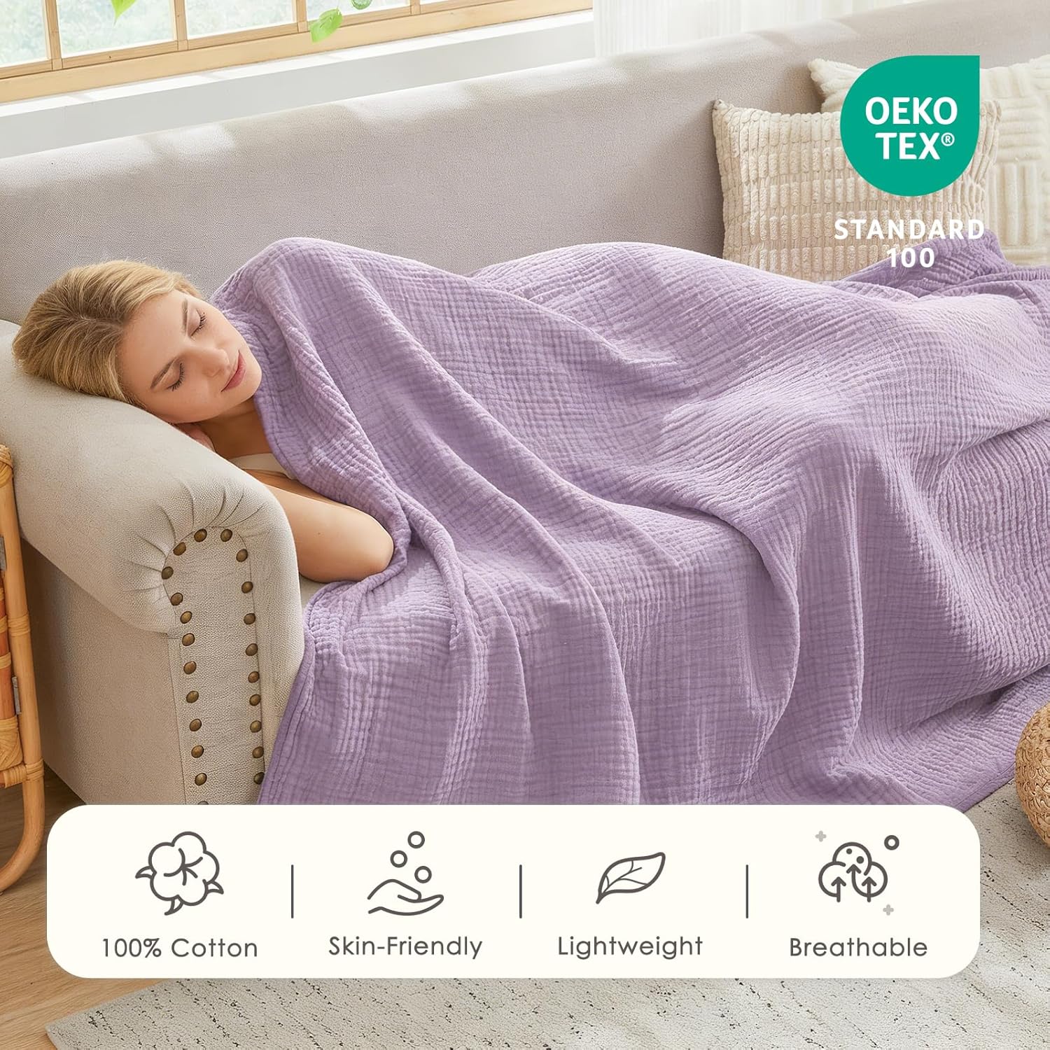 Thumbnail 2 de EMME Cotton Throw Blanket: 100% Muslin Cotton, Breathable and Lightweight (Lavender, 127 x 177cm)