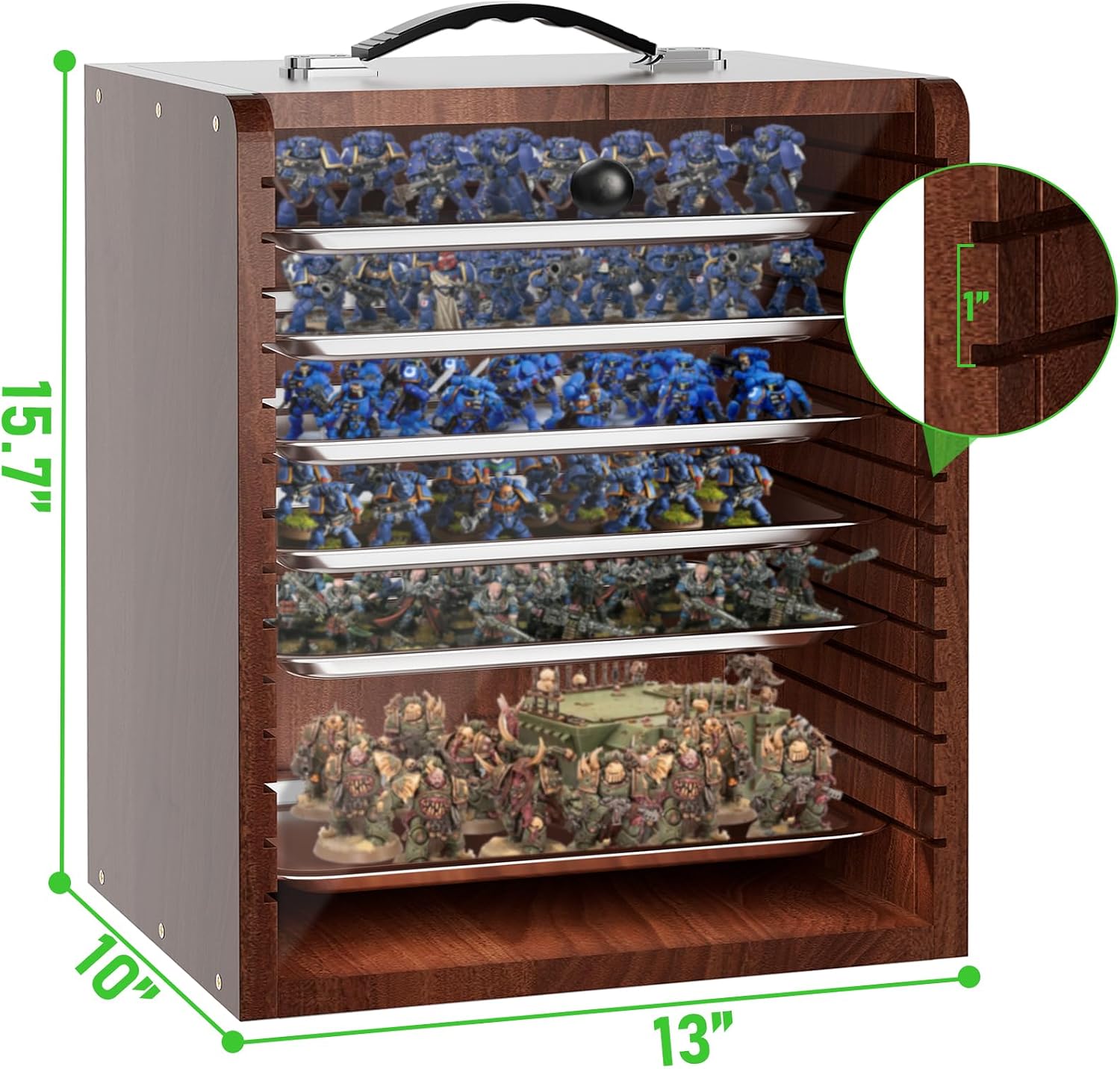 Thumbnail 3 de AKOZLIN Miniatur-Vitrine für Sammlerfiguren mit 6 Fächern, Griff aus Holz – Miniatur-Tragekoffer (schwarz)