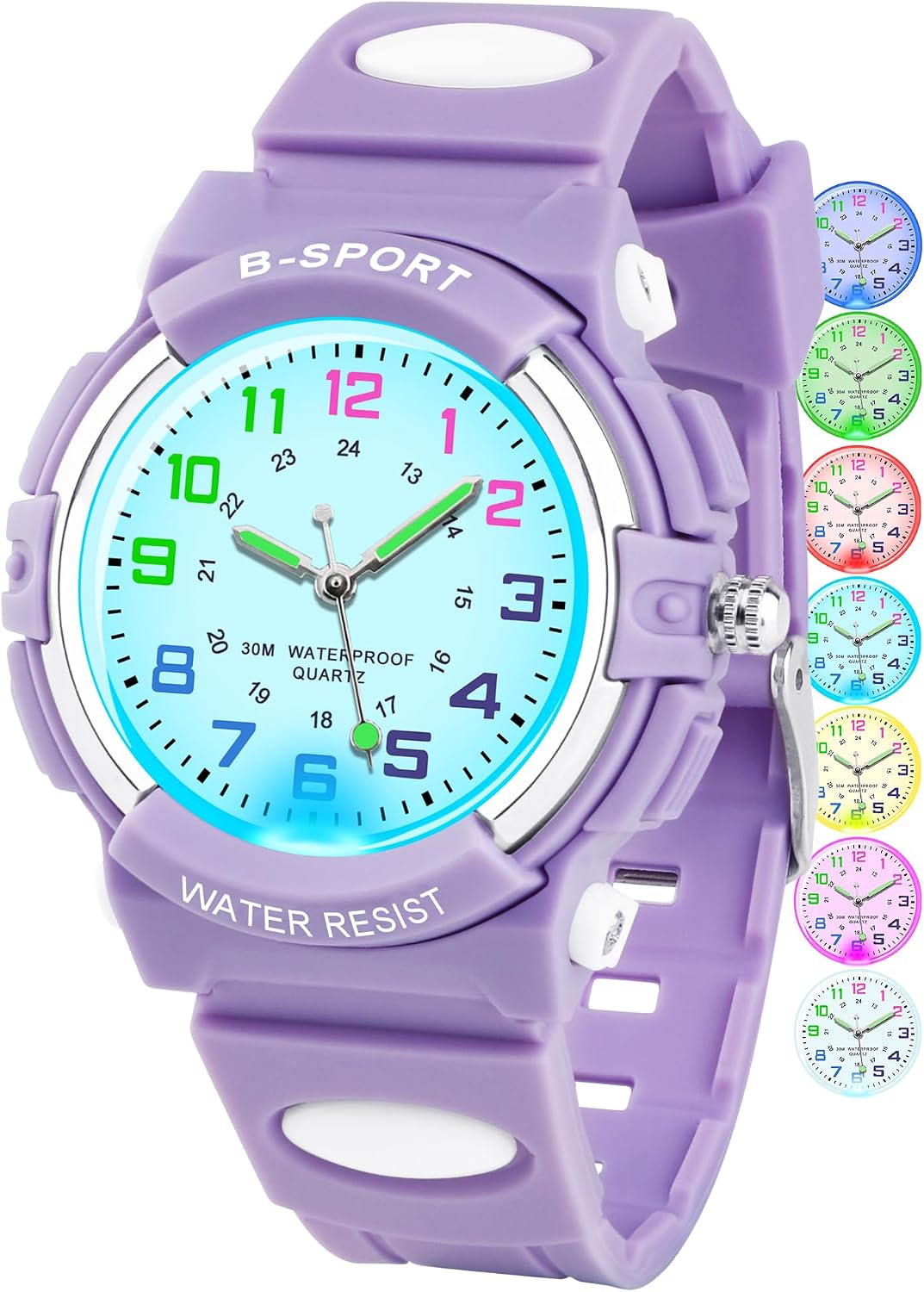 GUUMUXIN Lernuhr für Kinder – Analoge Uhr mit bunten Lichtern, TPU Armband, 30 m wasserdicht (5–16 Jahre)