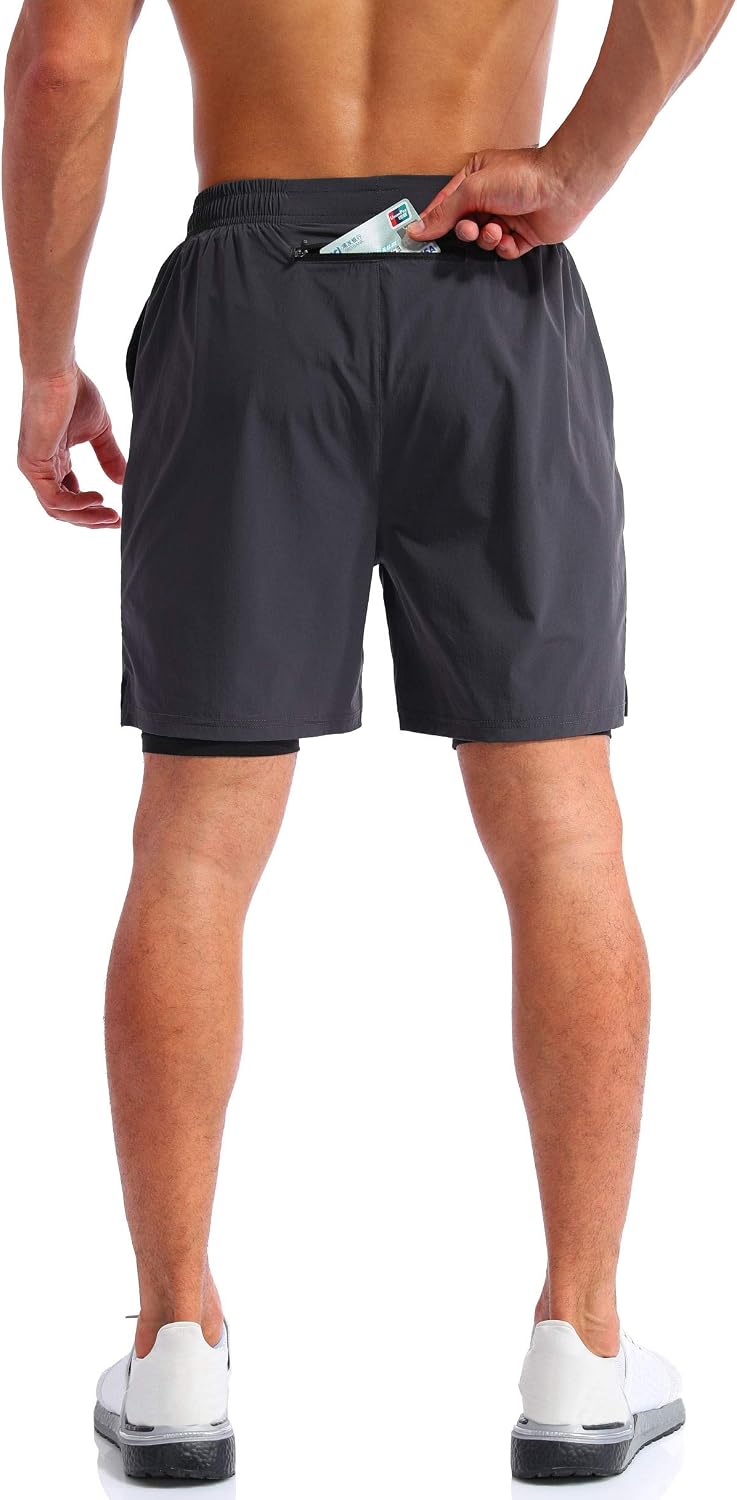 Detalle de Pudolla Men’s 2 in 1 Running Shorts 5" Quick Dry with Phone Pockets