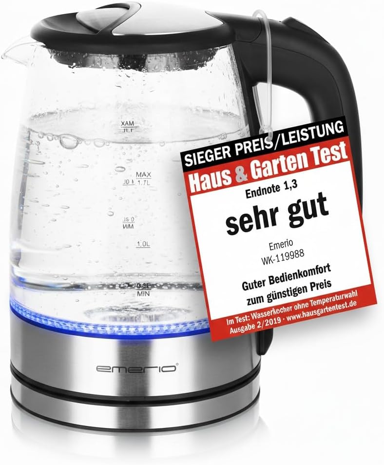 Detalle de EMERIO Glas Wasserkocher 1,7 l – 2200 W, blaue LED-Innenbeleuchtung, 360°-Basis, Auto Off – Preis-Leistung ausgezeichnet