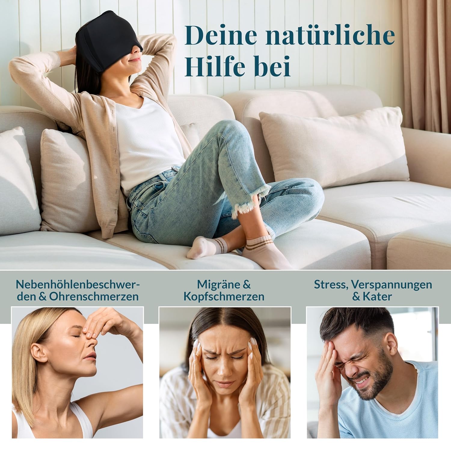 Detalle de Hey Nature Migräne Maske, kühlende Schlafmaske – natürliche Hilfe bei Migräne, Kopfschmerzen und mehr