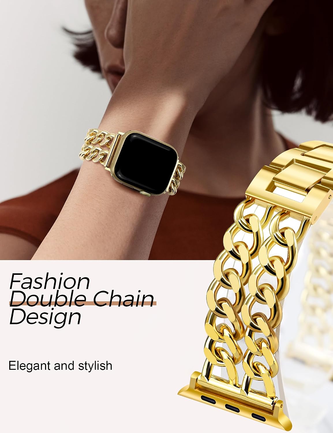 Detalle de JR.DM Gold Watch Bands for Women — Adjustable Metal Bracelet for Apple Watch (42mm/44mm/45mm/46mm/49mm)