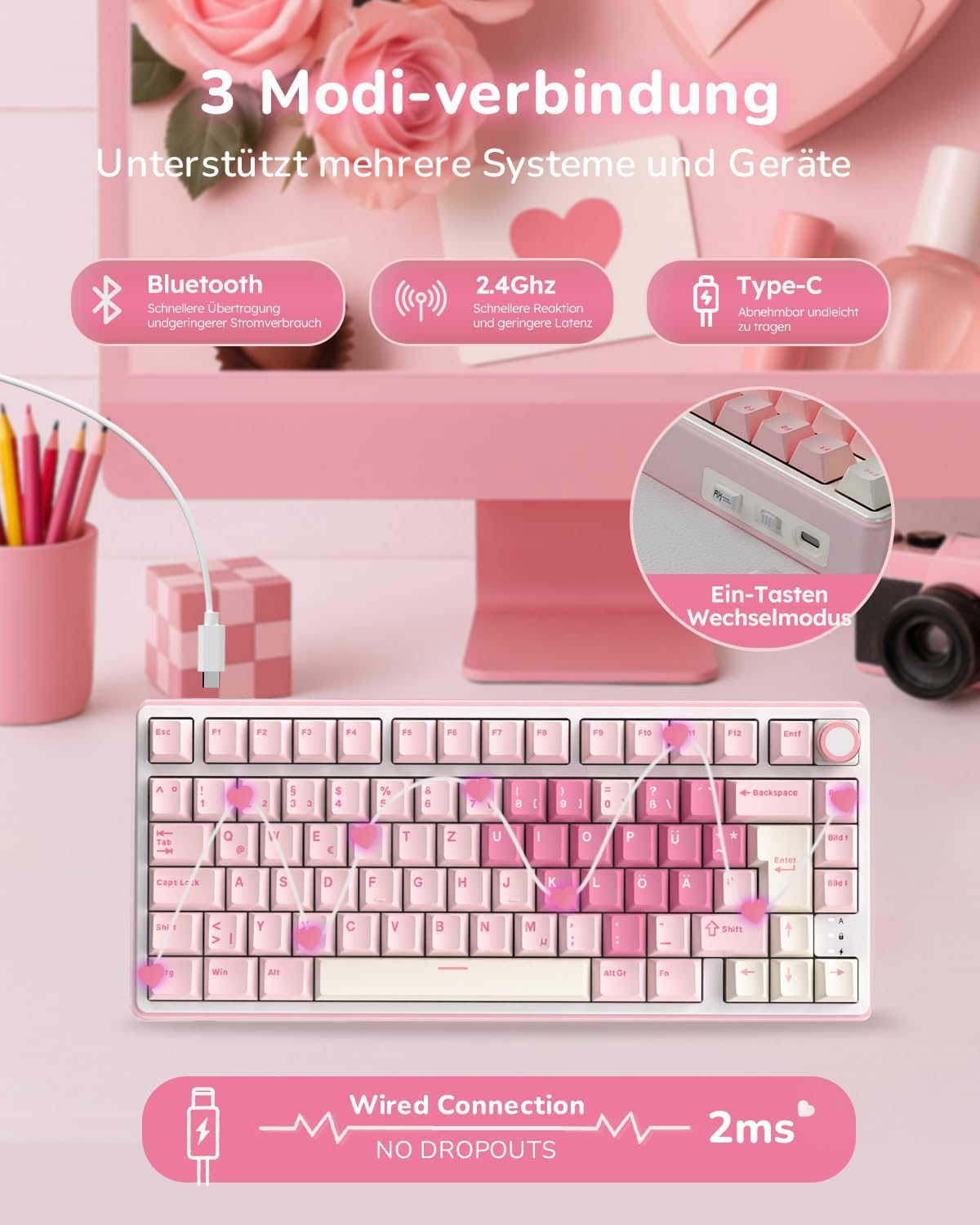 Detalle de RK ROYAL KLUDGE R75: Kabellose 75% Gasket-Tastatur mit Creamy Linear Switches
