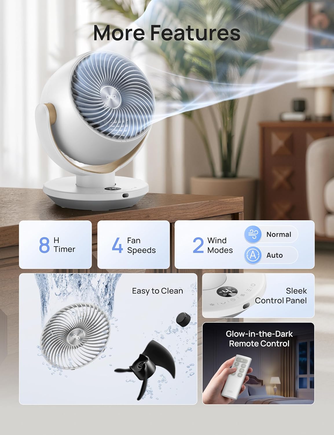Detalle 2 de Dreo Fan for Bedroom Desk Air Circulator with Remote, 11-Inch Table Fan (4 Speeds, 90° Oscillation, 8H Timer)