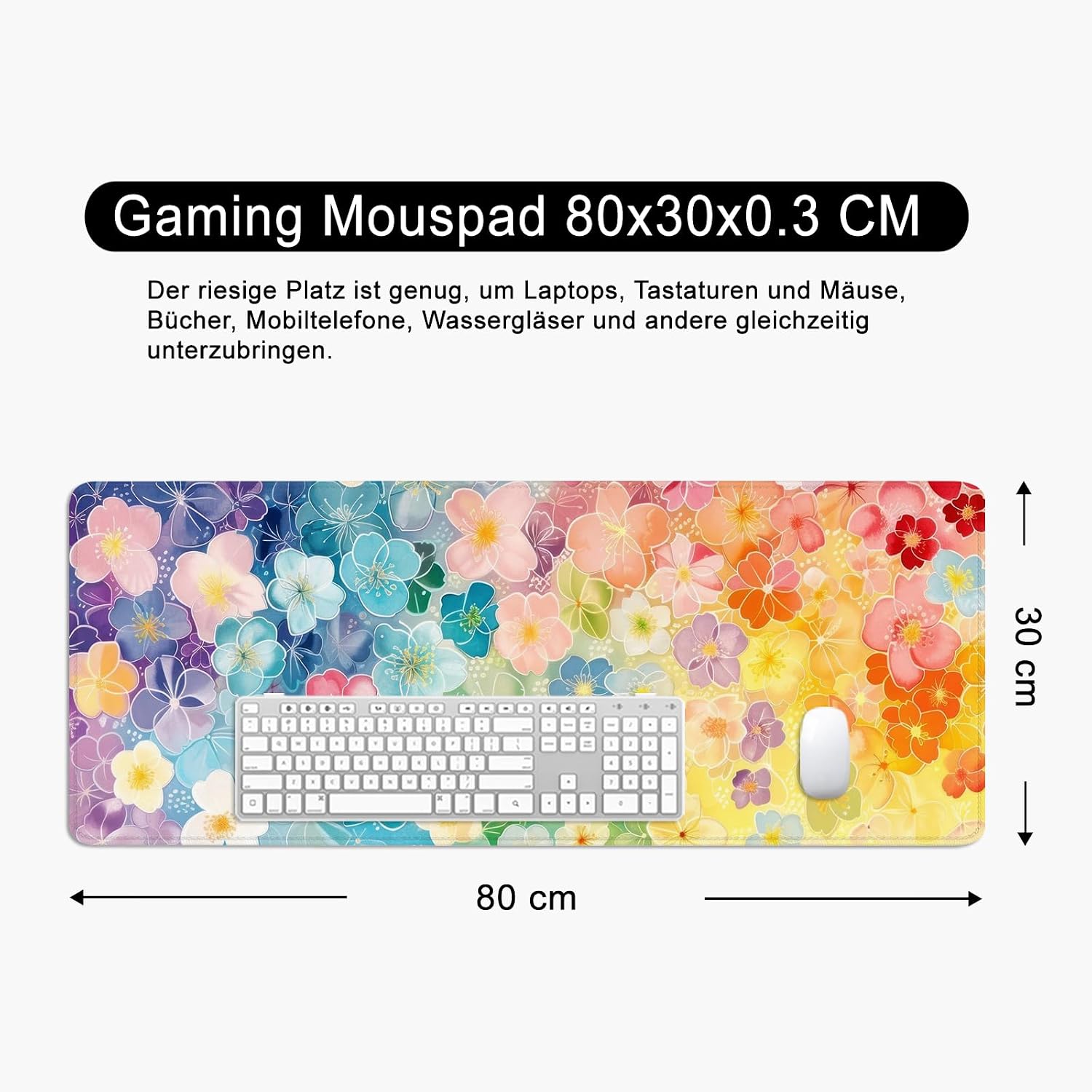 Detalle 2 de Tappetino per mouse a forma di fiore XL 80x30 cm giallo per gaming e ufficio (fiori colorati)