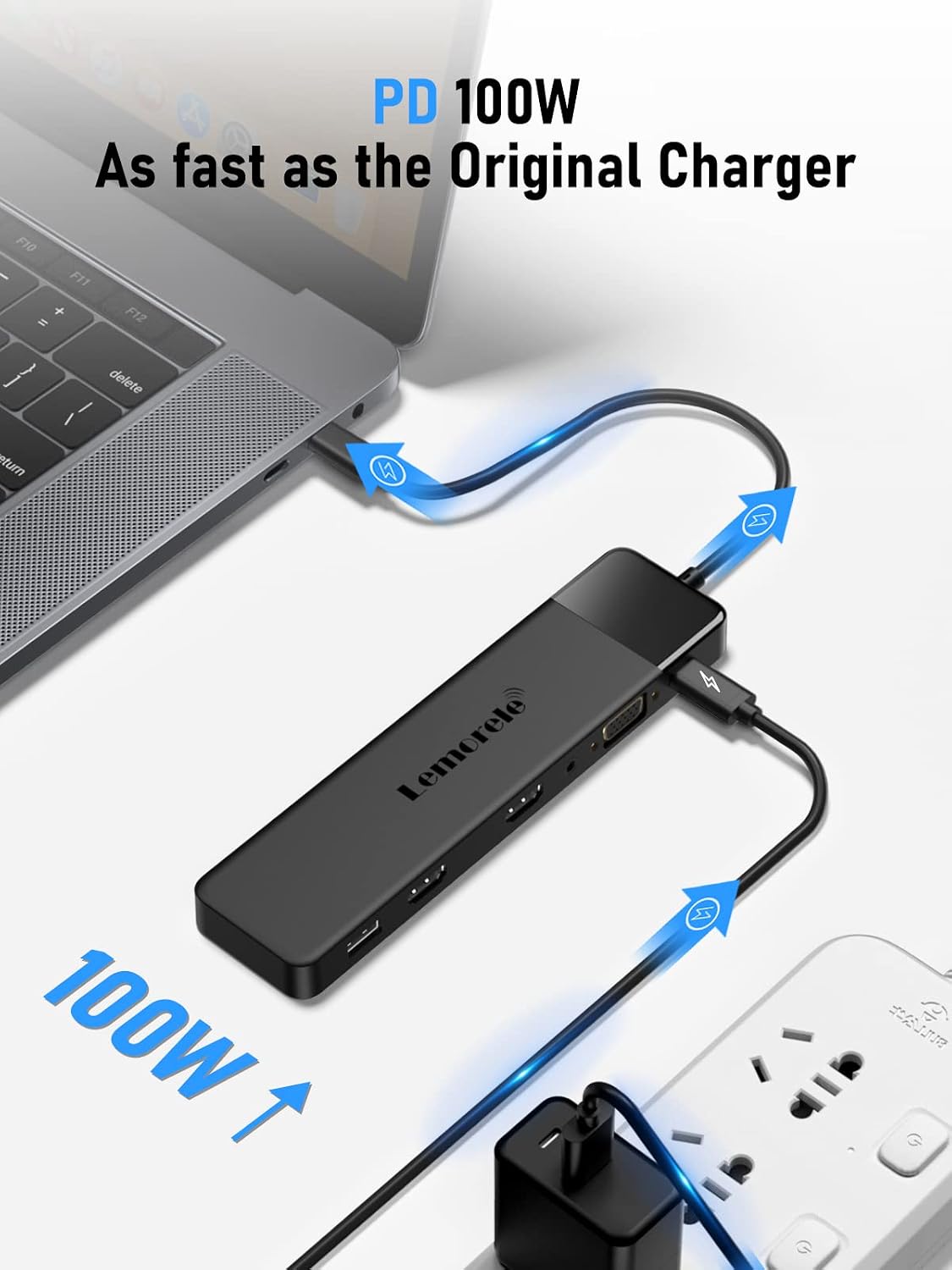 Detalle 2 de Lemorele USB-C Hub 14-in-1 Docking Station: 3 Displays, 100W PD, SD/TF & Audio – kompatibel mit MacBook, Dell und Windows
