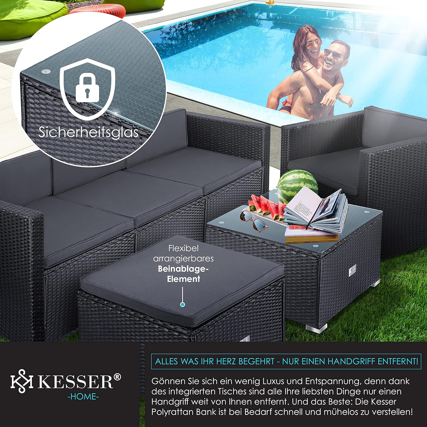Detalle de KESSER® Polyrattan Lounge Aruba – Gartenlounge-Set für 4–5 Personen, Anthrazit