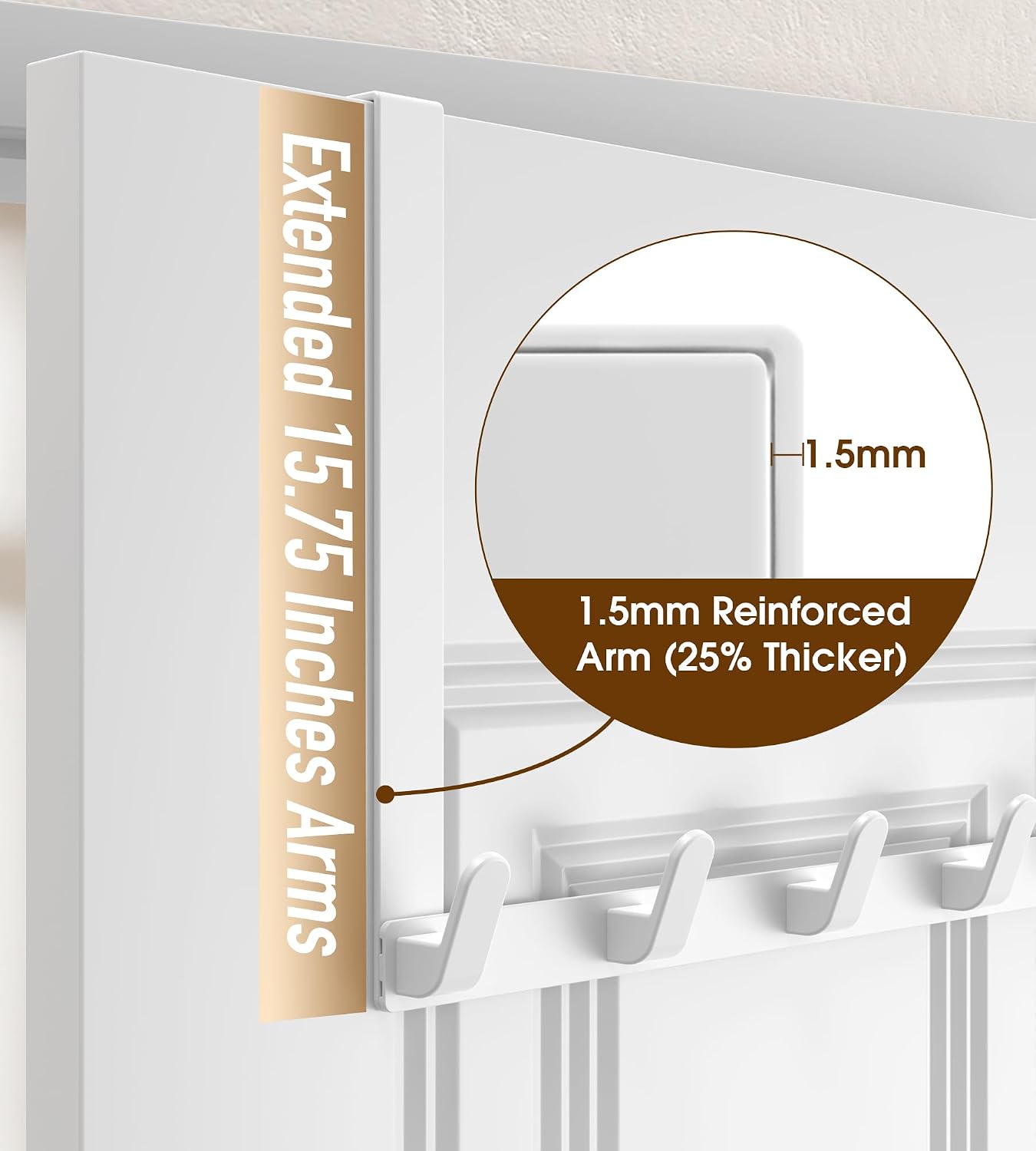 Thumbnail 5 de KitchLife L40U Over-the-Door Hook Rack, 15.75-Inch Arm, 5 Hooks, Glossy White