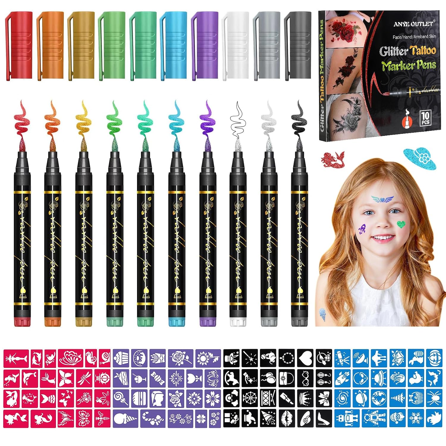 Detalle de Tattoo Stifte Kinder – Glitzer 10er Set
