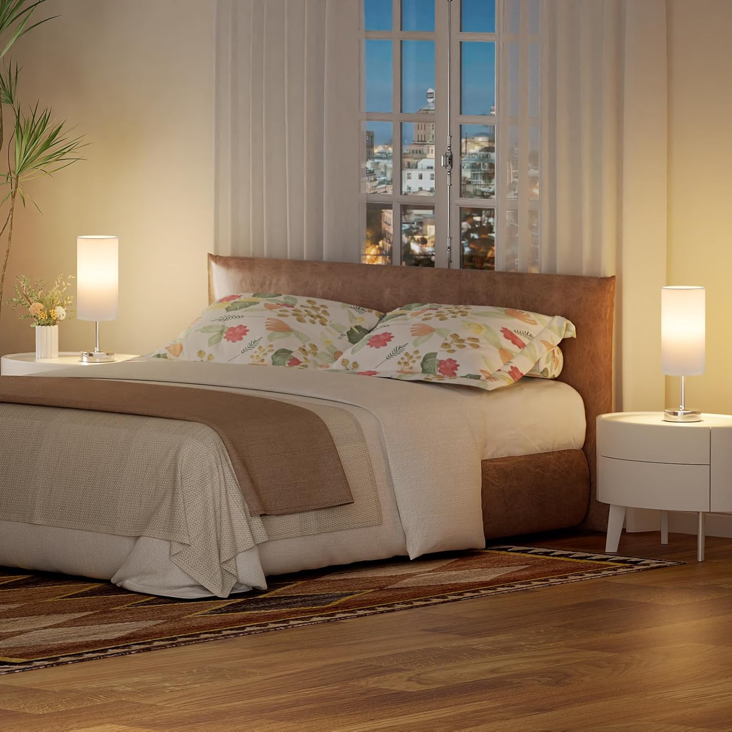 Detalle de Aooshine Touch Bedside Lamps Set of 2 – Dimmable, with White Shade and Silver Base (Bulbs Included)