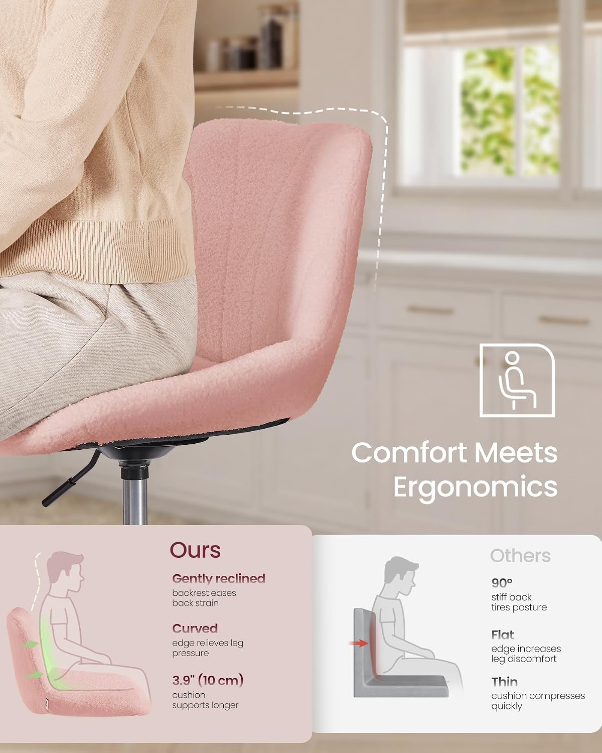 Detalle de VASAGLE Dressing Table Chair (LJB160S101) – Height‑Adjustable, 360° Swivel Bar Stool with Back in Teddy Fleece, Pink and Black