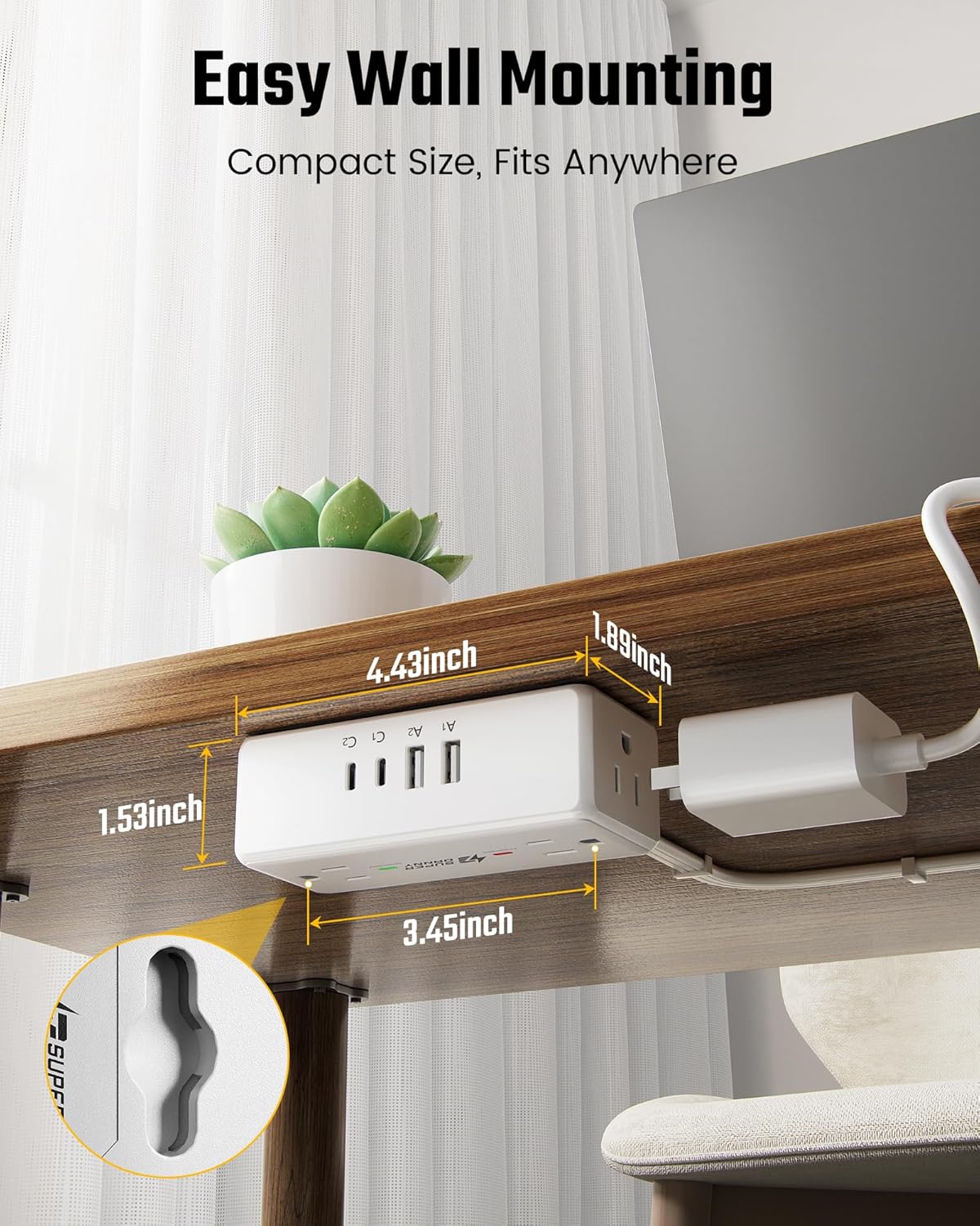 Thumbnail 6 de SUPERDANNY SDCP09 Power Strip with 4 AC Outlets, 4 USB Ports and 3-Ft Cord