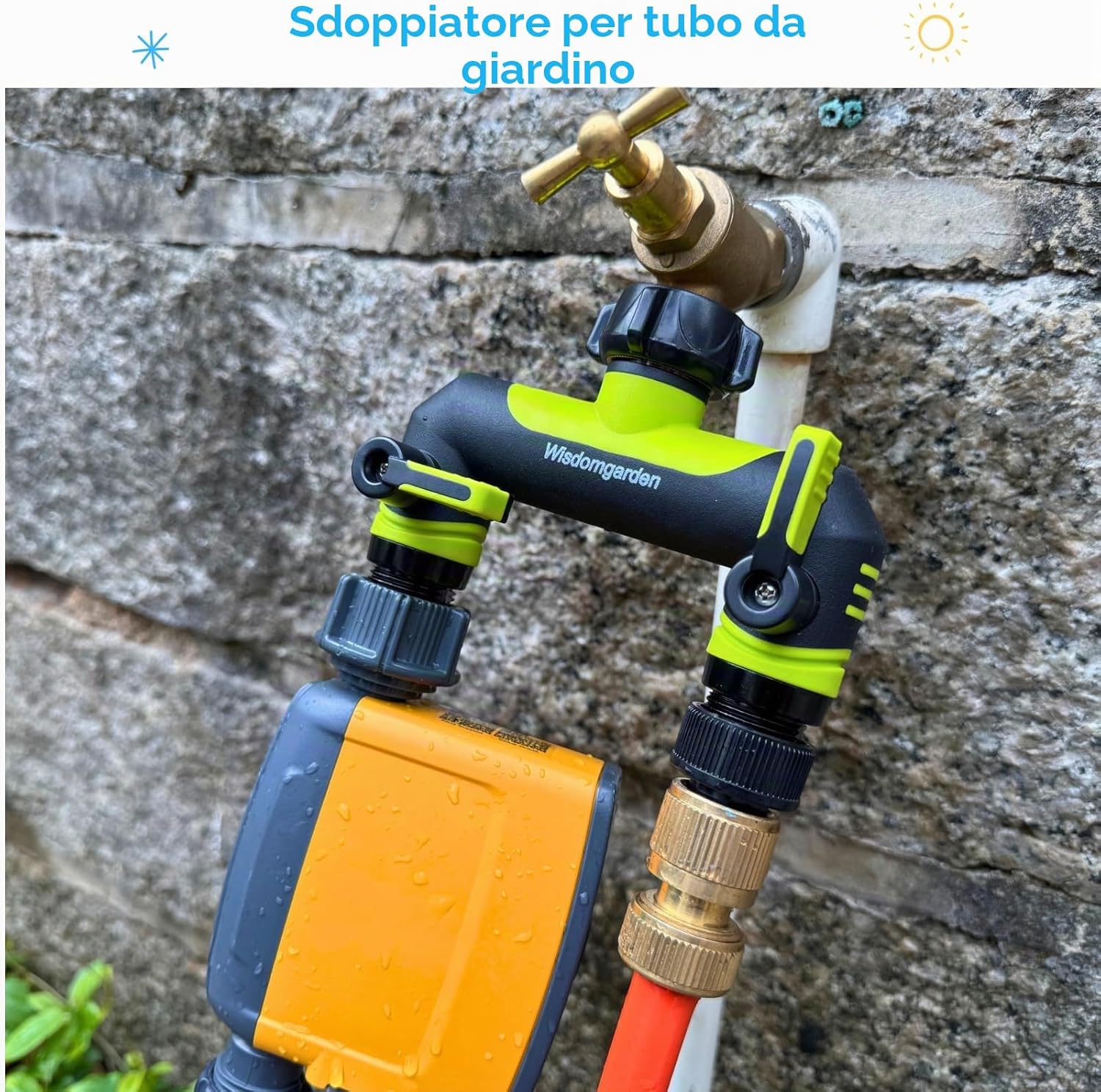 Detalle de Wisdomgarden Distributore a 2 Vie: deviatore d'acqua a doppio collegamento per rubinetto, verde-nero
