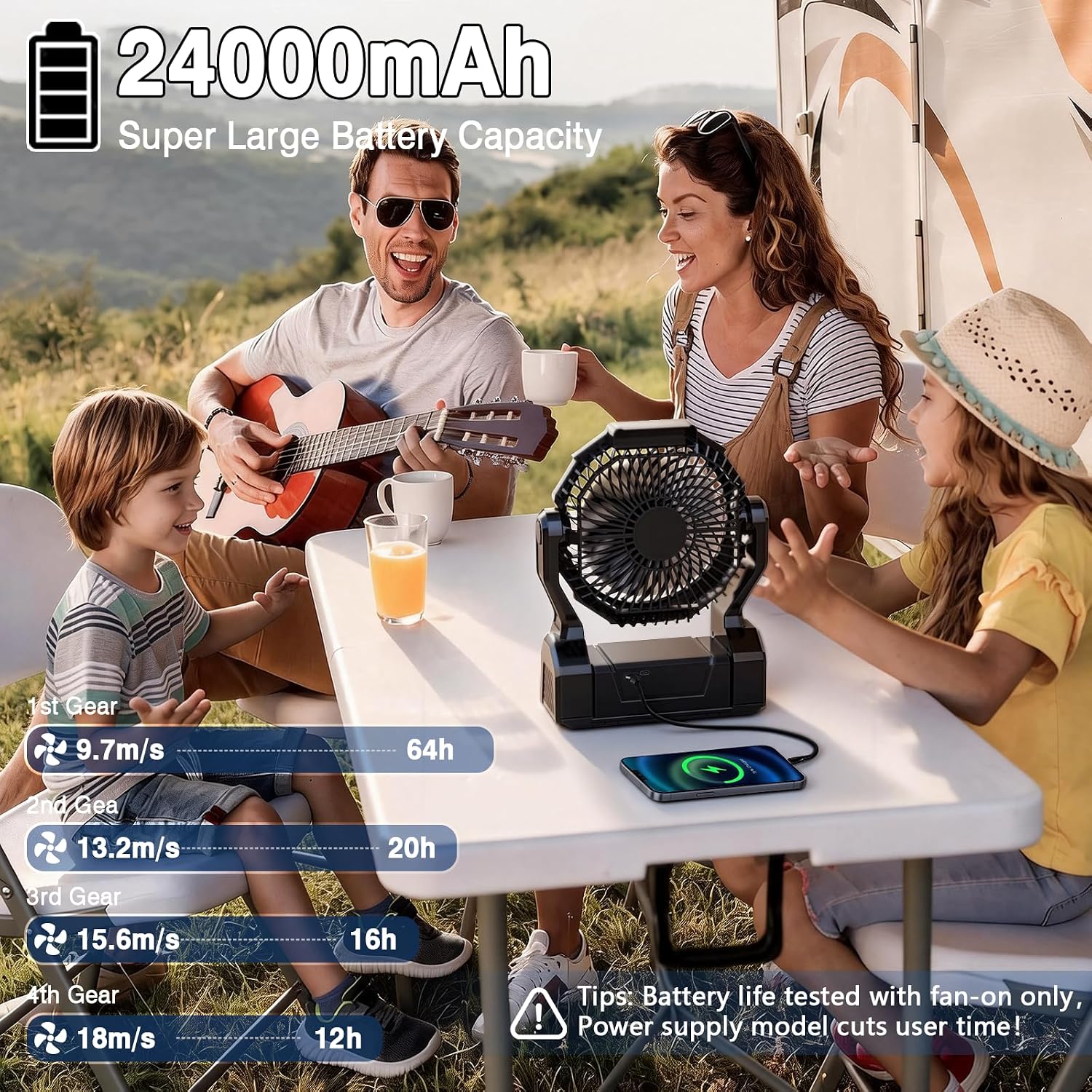Detalle de XZK 24000mAh Rechargeable Camping Fan with LED Light — 64H Runtime, Portable Tent Fan