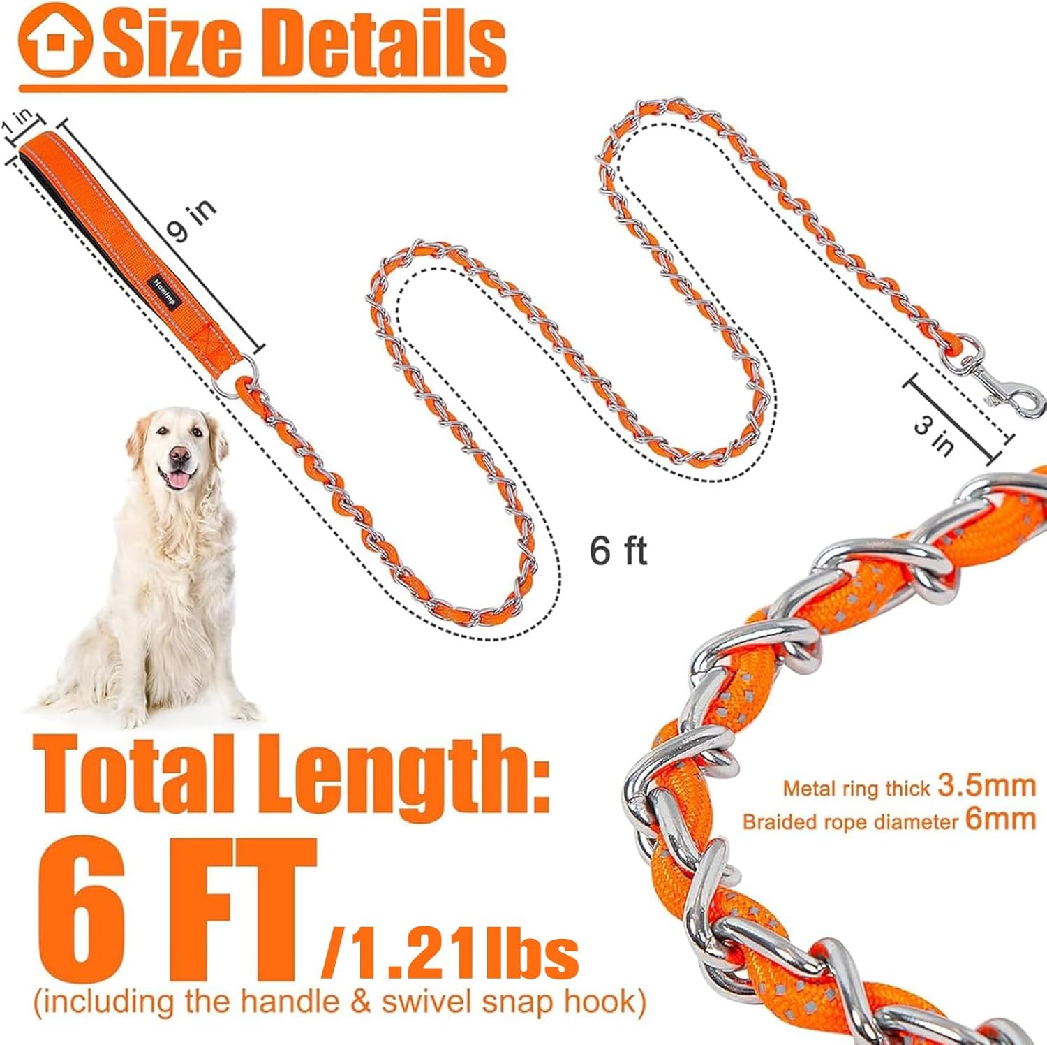 Detalle de Homimp Chain Dog Leash for Medium to Large Dogs, Reflective 6 ft – Chew-Resistant, Heavy-Duty with Soft Padded Handle