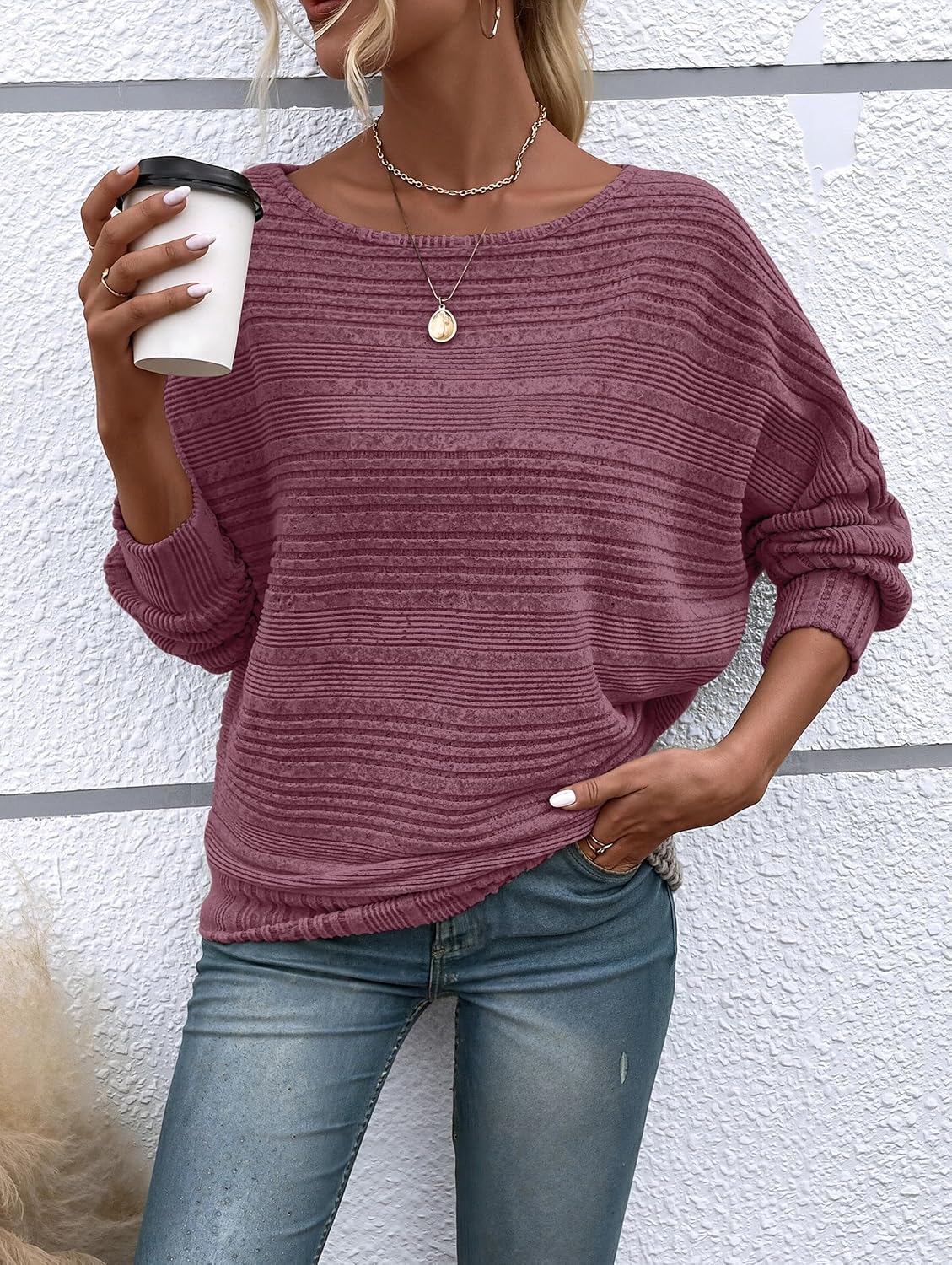Detalle 1 de RICHSTORY Women's Tunic Sweater, Crew Neck Batwing Sleeves, Lightweight Knit