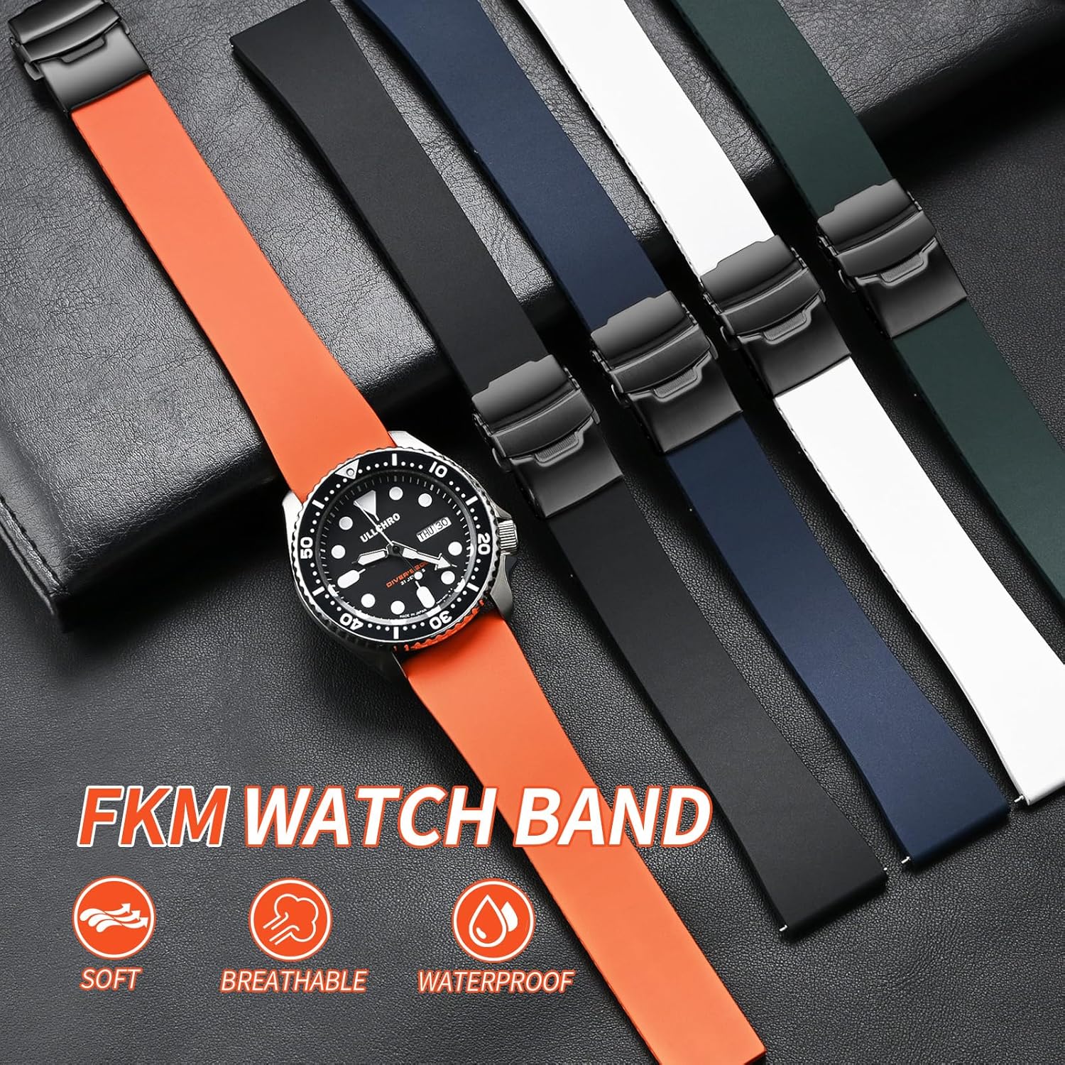 Thumbnail 1 de Fluorkautschuk-Uhrenarmband mit Faltschließe, cut-to-size & Schnellverschluss – FKM Gummi Watch Band (18–22 mm)