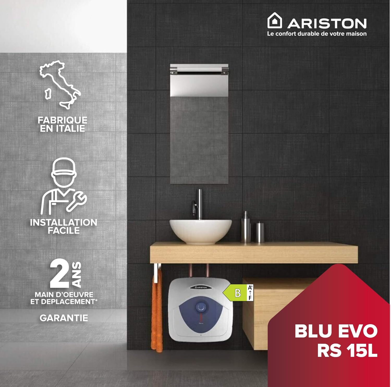 Thumbnail 4 de Ariston Blu Evo RS 15L – Chauffe-eau électrique compact 15 litres, 2000 W, idéal cuisine ou salle de bain