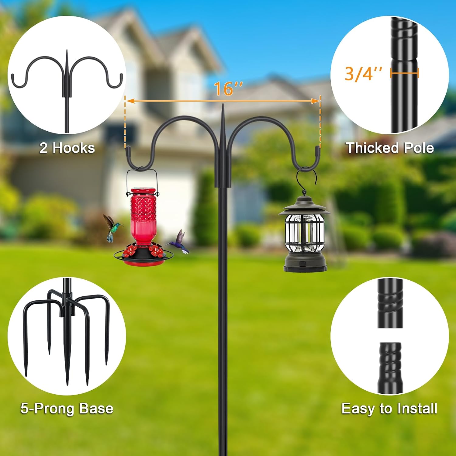 Detalle de FEED GARDEN 76-Inch Double Shepherd’s Hook, Adjustable 5-Prong Base, 2-Pack