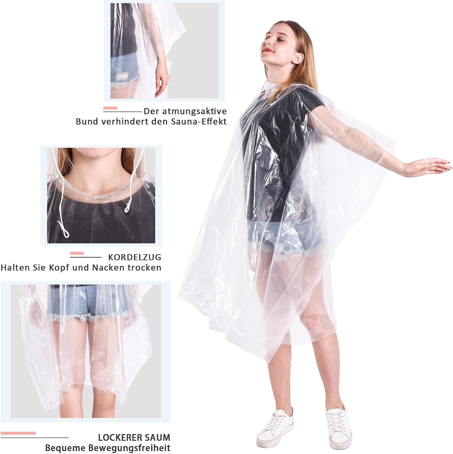 Detalle 2 de TUNCHMO 6 Stück Durchsichtige Regenponchos mit Kapuze – Notfall‑Regenschutz, 0,035 mm PE, transparent
