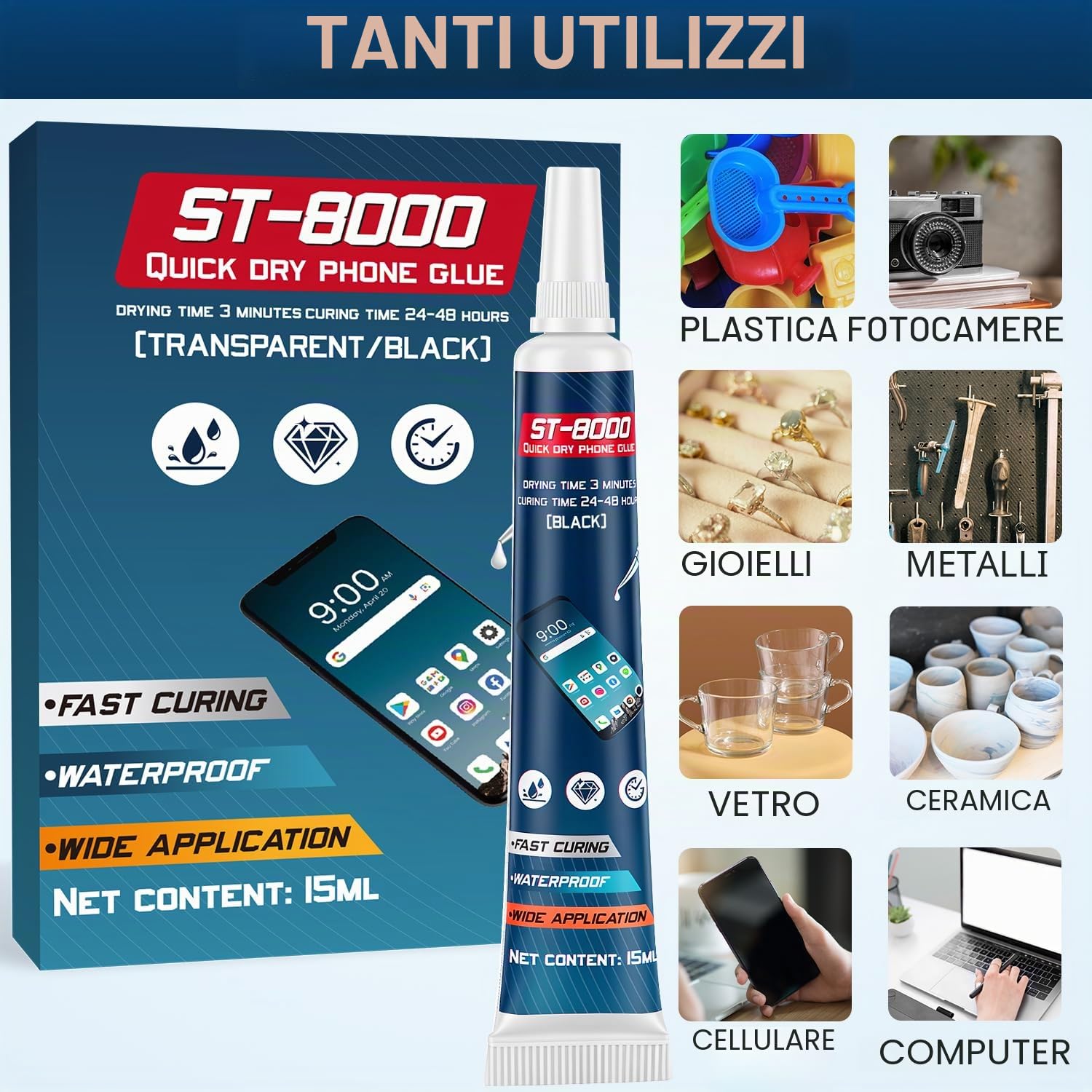Detalle de Colla Schermo Cellulare - Kit 30 ml (15 ml Nero + 15 ml Trasparente) con Strumenti per Riparazioni, Uso Versatile