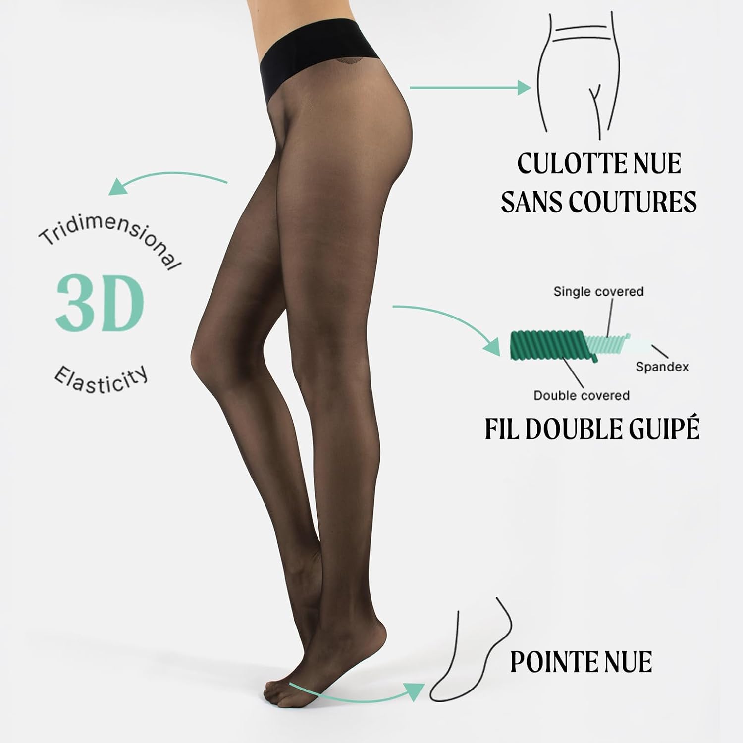 Detalle de CALZITALY Collants Voiles sans Coutures – 15 DEN, sans couture, 3D, Made in Italie