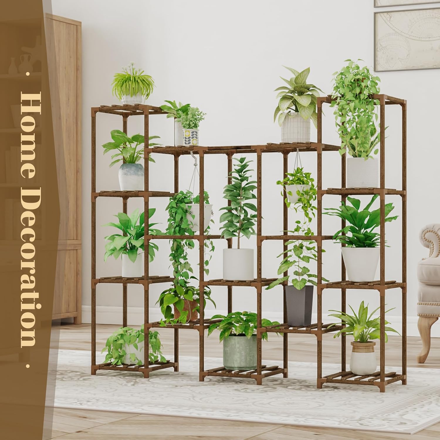 Detalle de Bamworld Großer Pflanzenständer Holz für 14 Töpfe (140×30×119 cm) – für Indoor & Outdoor