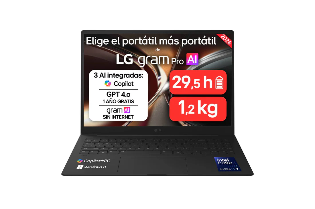 Detalle de LG gram Pro 16Z90U G.AU85BN: portátil ligero con basta autonomía y pantalla 16" IPS 2560×1600