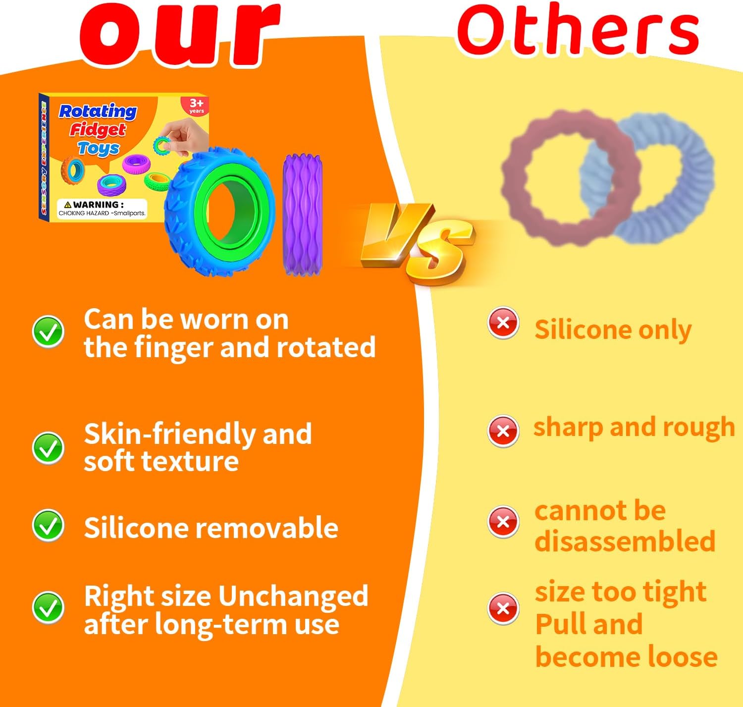 Detalle de Ueyake Sensory Fidget Rings, 6-Pack Silicone Spinner Rings for Kids