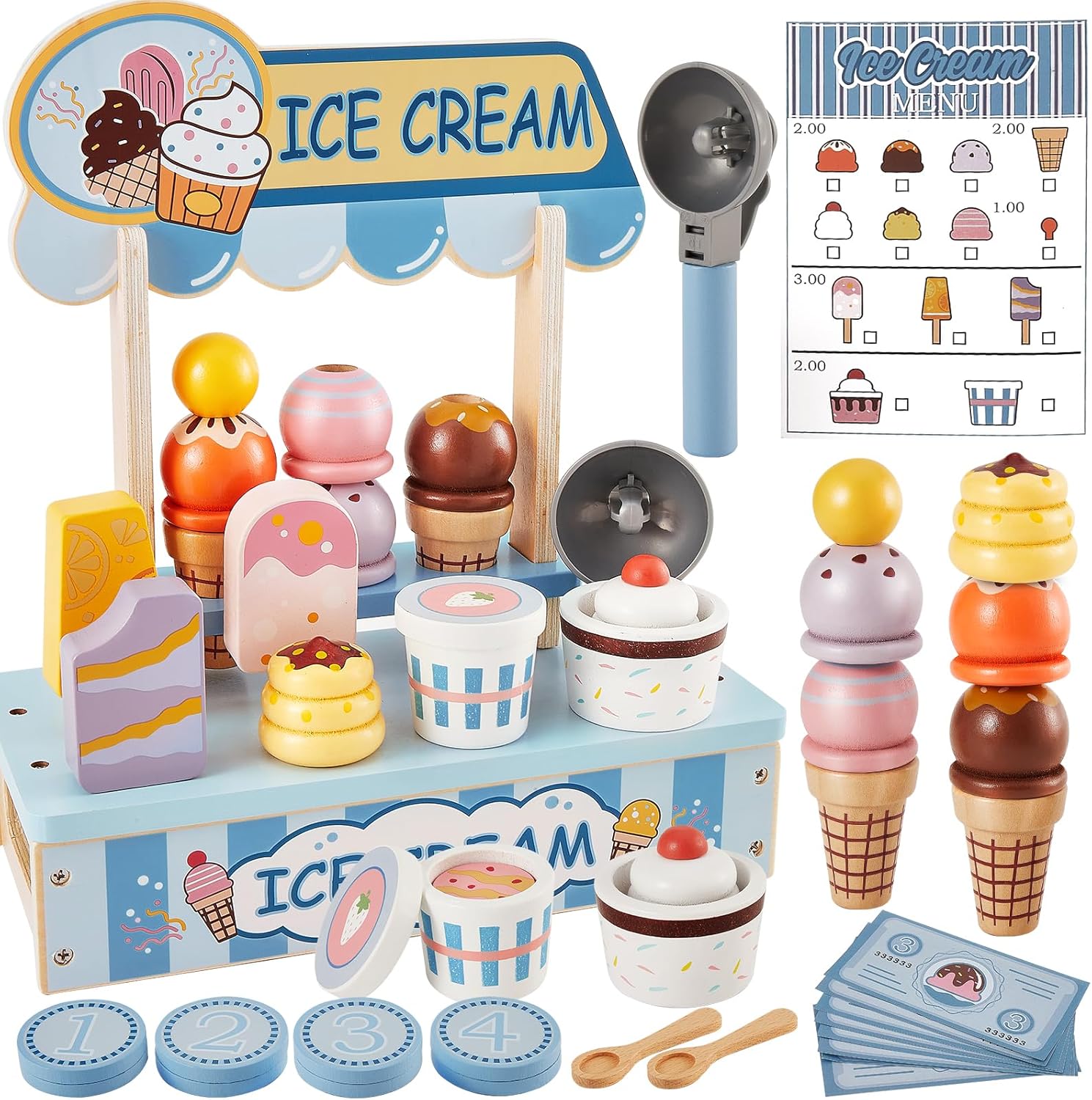 Detalle de HERSITY Eiscreme-Set Kinder aus Holz mit Eis am Stiel zum Stapeln (blau) – Spielzeug für Rollenspiele ab 3 Jahren