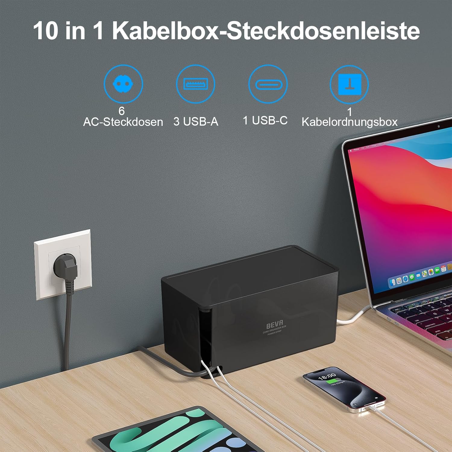 Thumbnail 1 de Kabelbox mit versteckter Steckdosenleiste 3680W/16A + 1050J Überspannungsschutz, 2m Kabel, 6 Steckdosen + 3 USB-A + 1 USB-C (15W) – BEVA