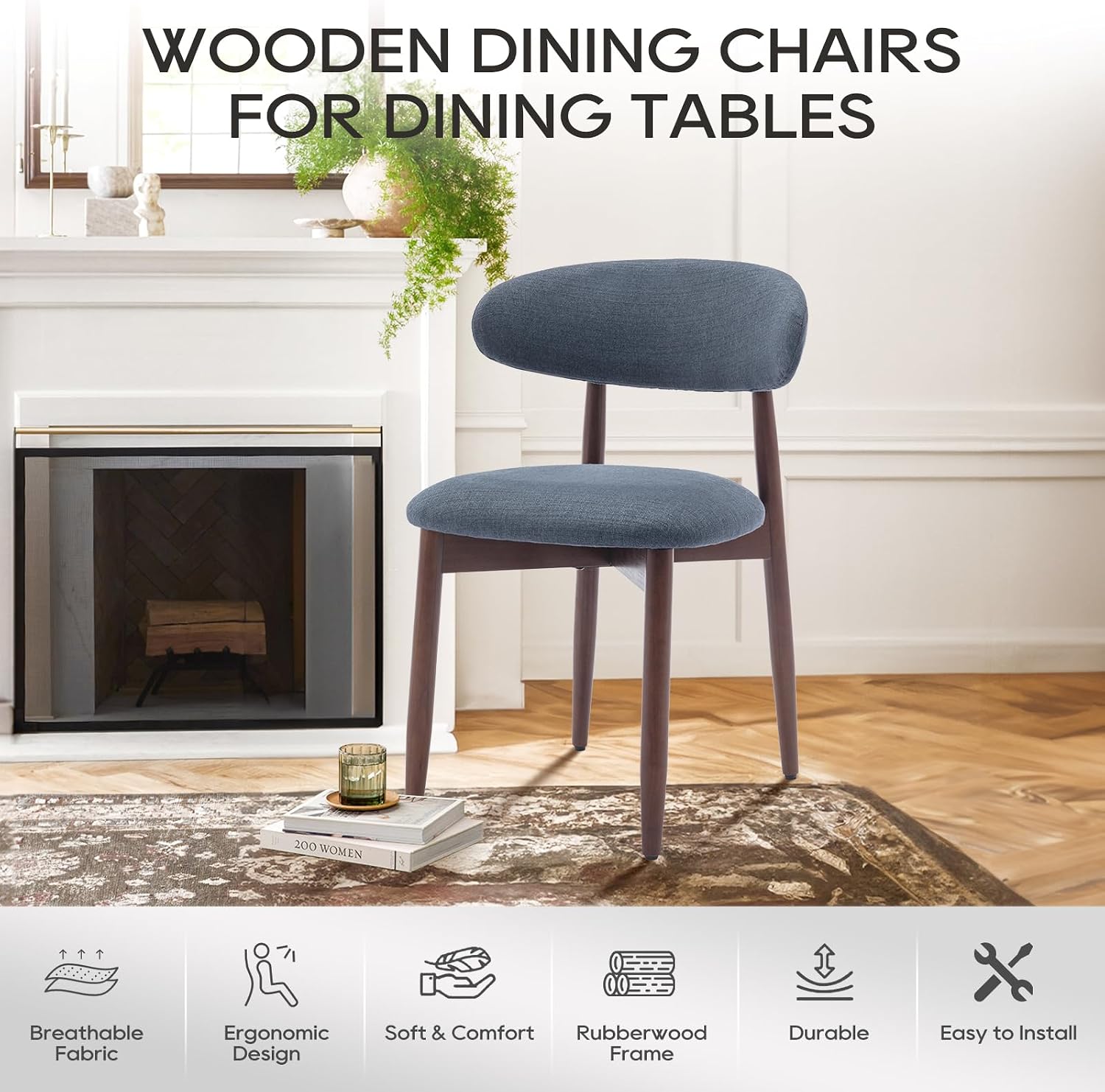 Thumbnail 6 de COLAMY D6270US Dining Chairs, Blue Fabric Upholstery, Rubberwood Frame, Set of 2