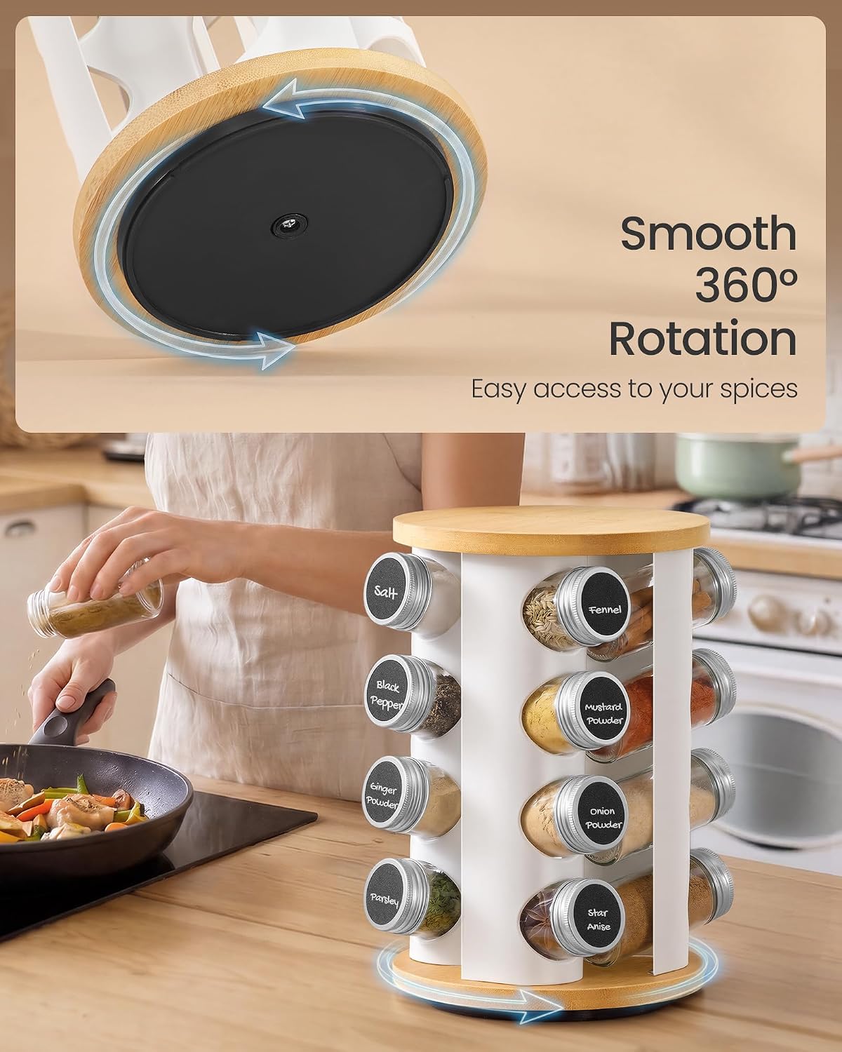 Detalle 2 de SONGMICS KCS256W101 Rotating Spice Rack, 16 Glass Jars, Bamboo and Matte White