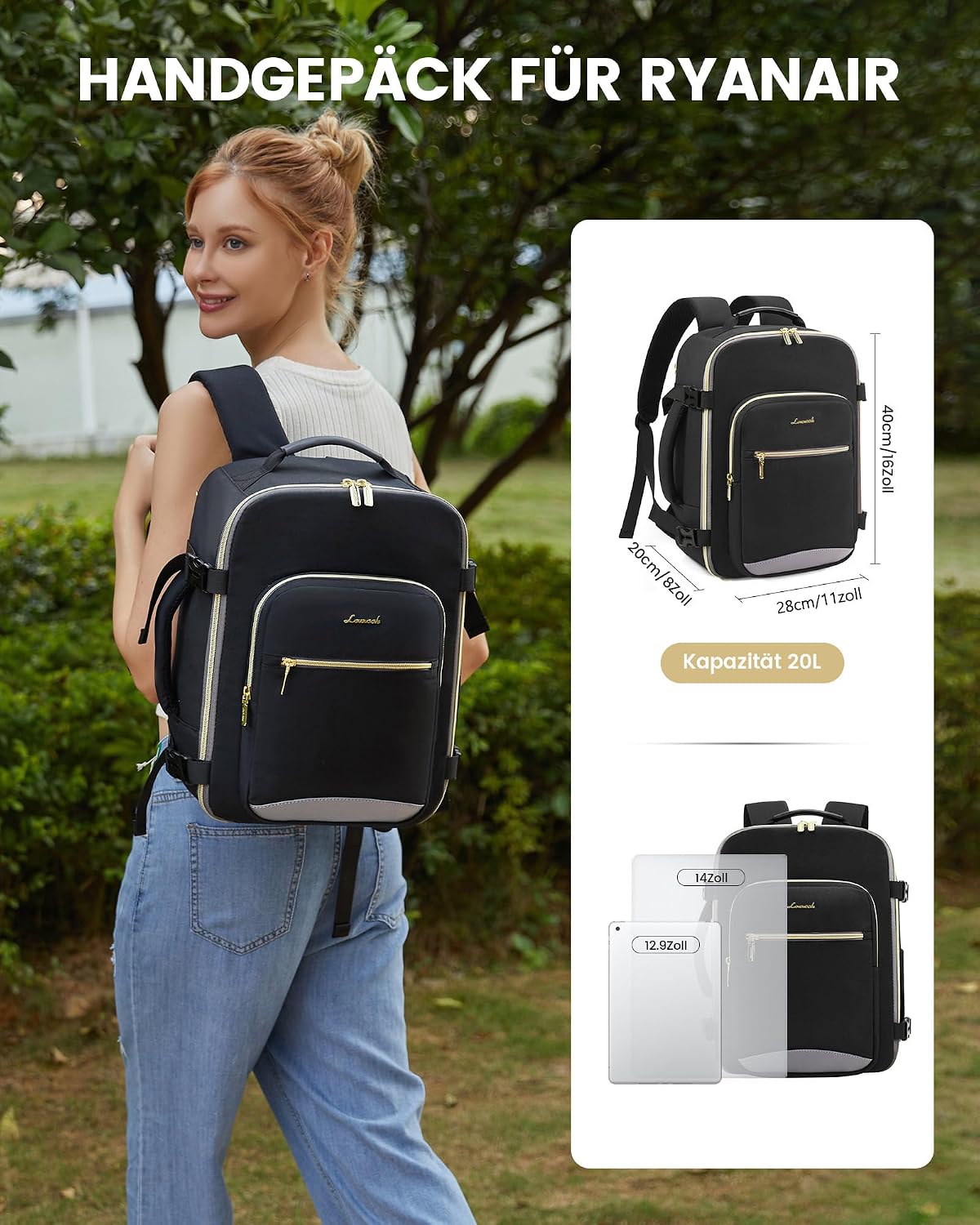 Detalle de LOVEVOOK Ryanair Handgepäck 40x30x20 Rucksack als Cabin Bag (Laptopfach bis 13,3 Zoll) – Eurowings/Wizz & mehr